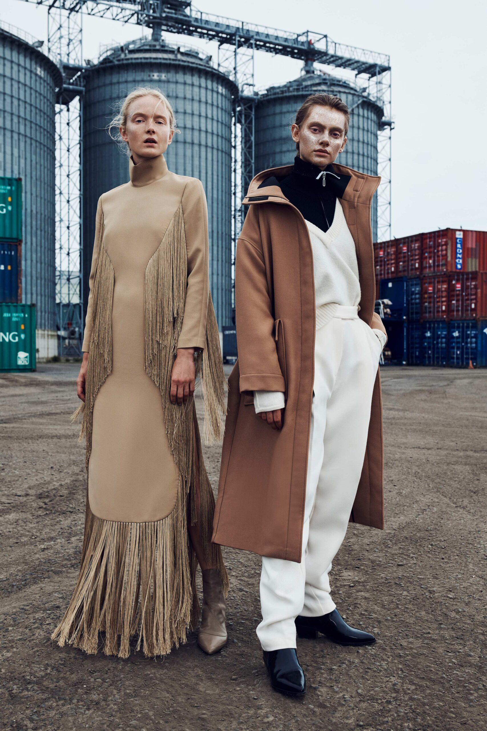 beige unknown long-sleeve high-neck fringed textured maxi maxi-dress