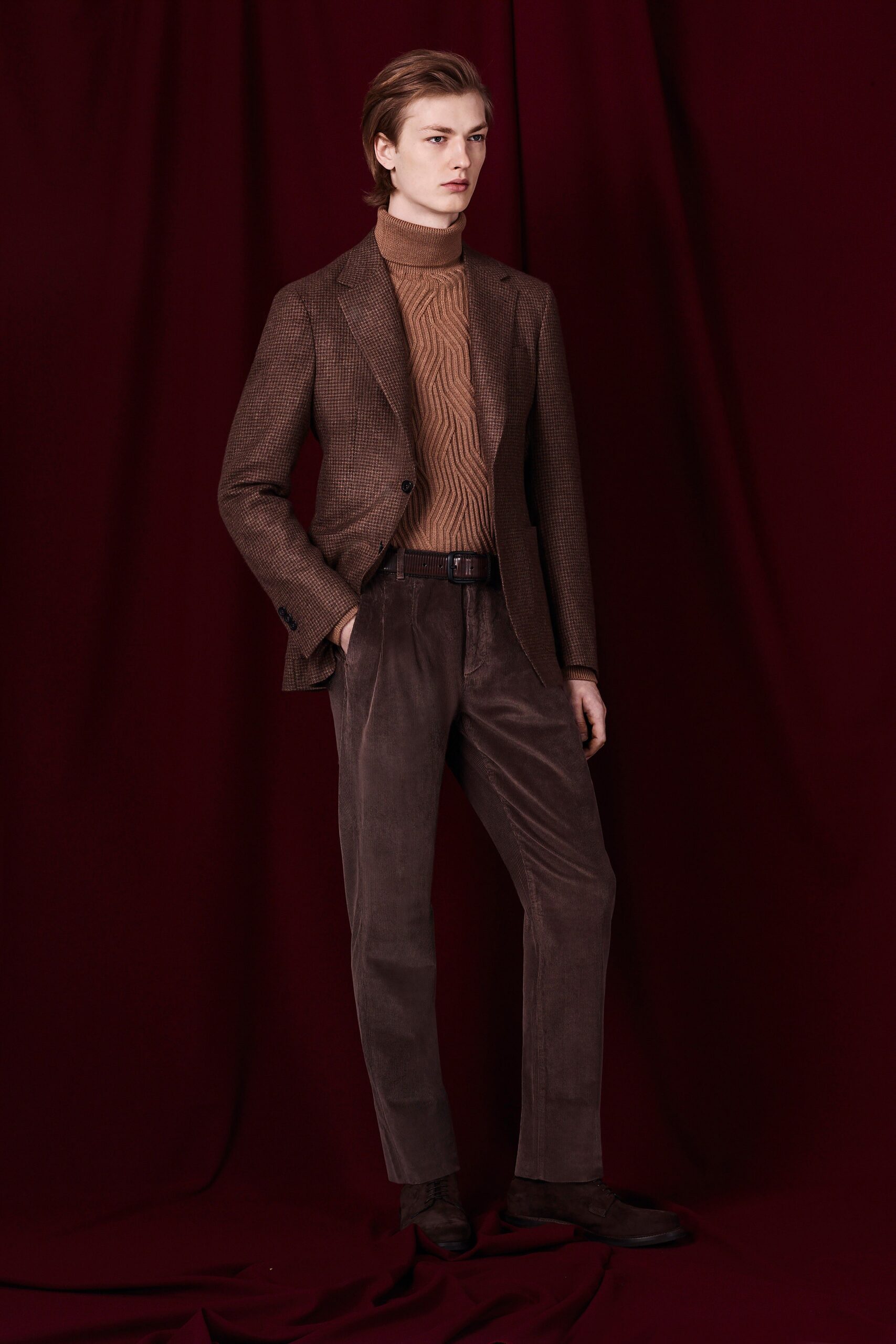 brown knit long-sleeve turtleneck slim ribbed textured sweater