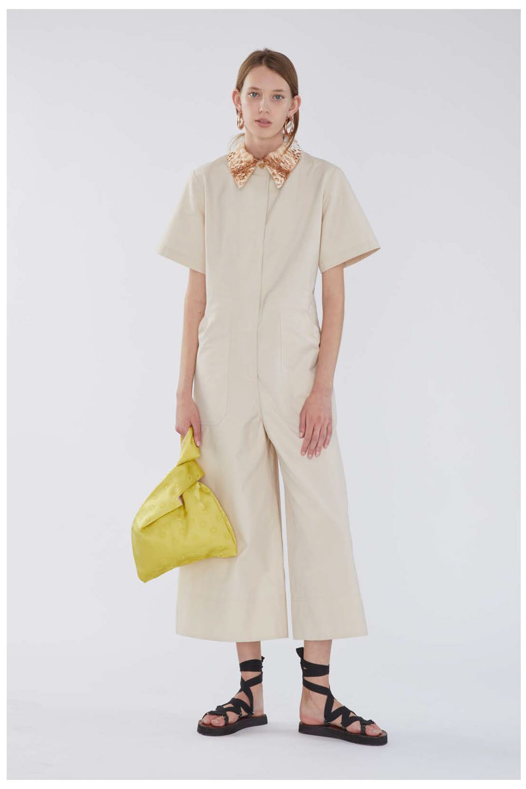 ivory unknown short-sleeve collared wide-leg cropped jumpsuit