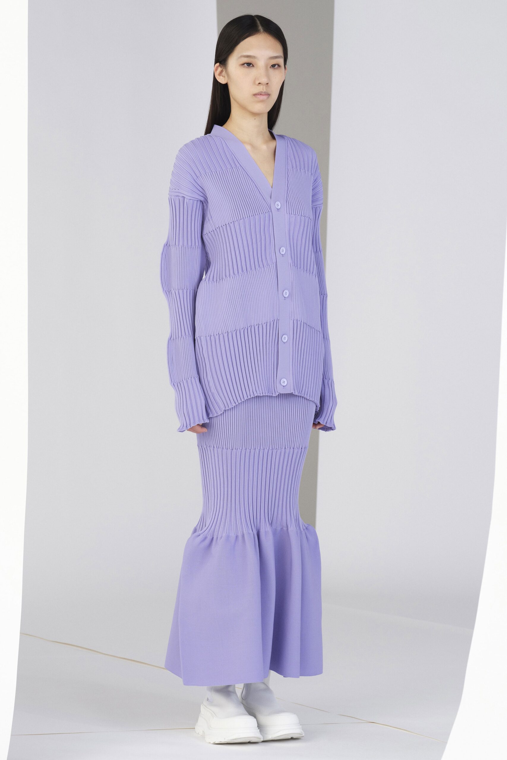 lavender knit fitted ribbed textured maxi skirt