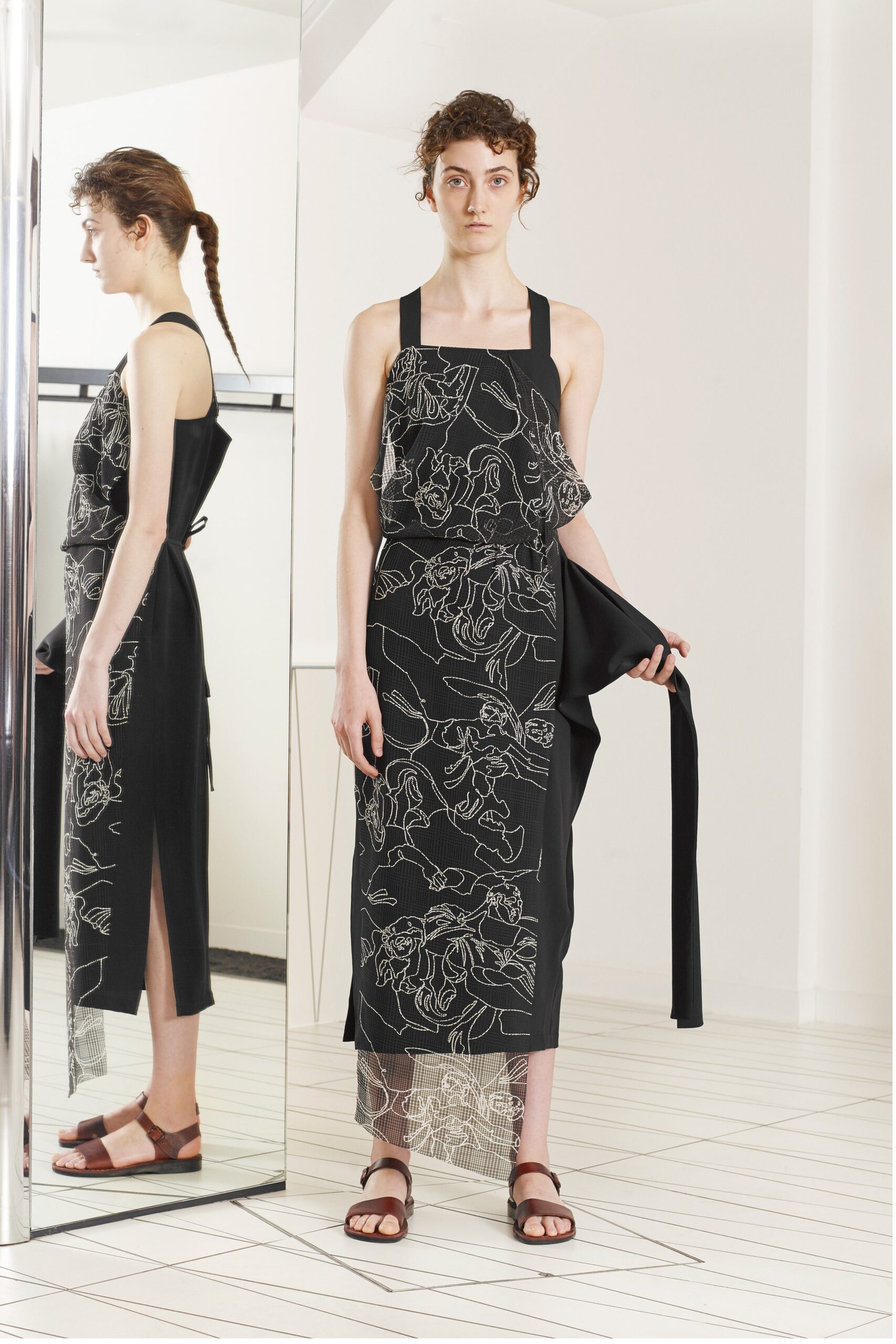 black floral mesh overlay midi dress