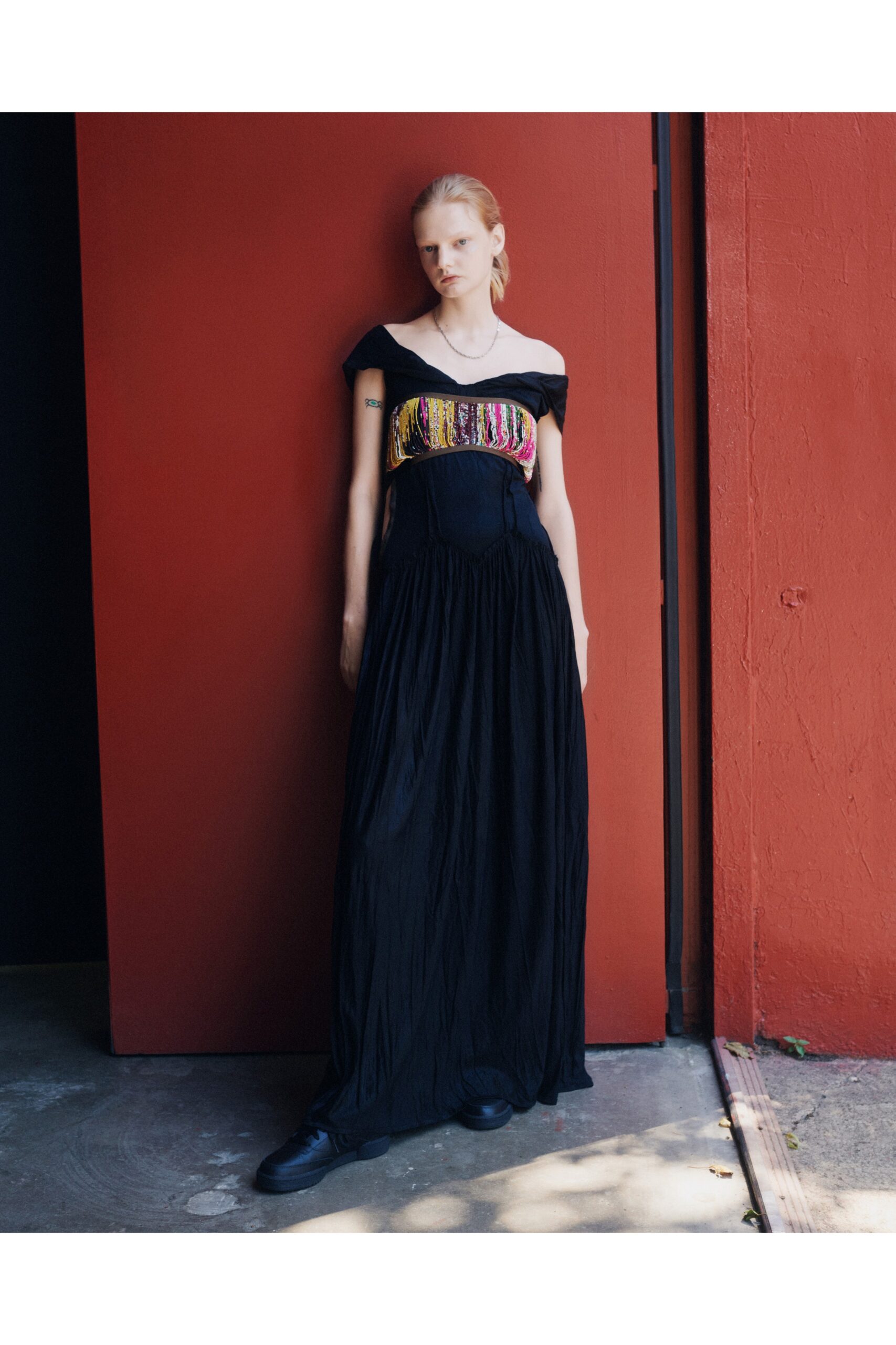 off-shoulder beaded panel maxi dress