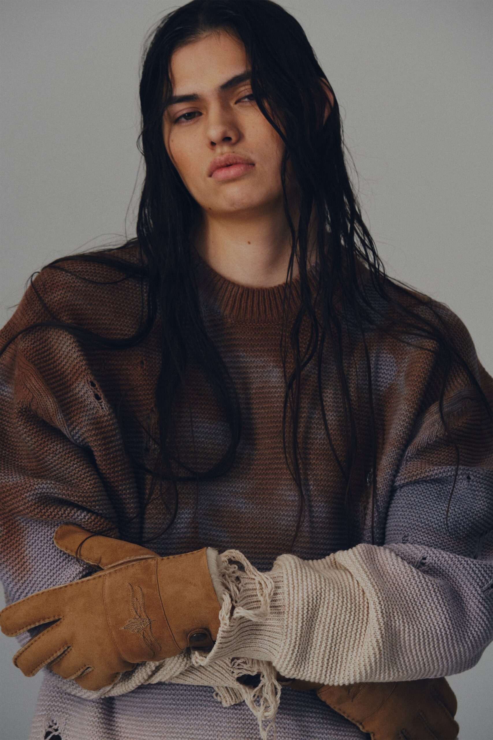 oversized distressed color-block knit sweater