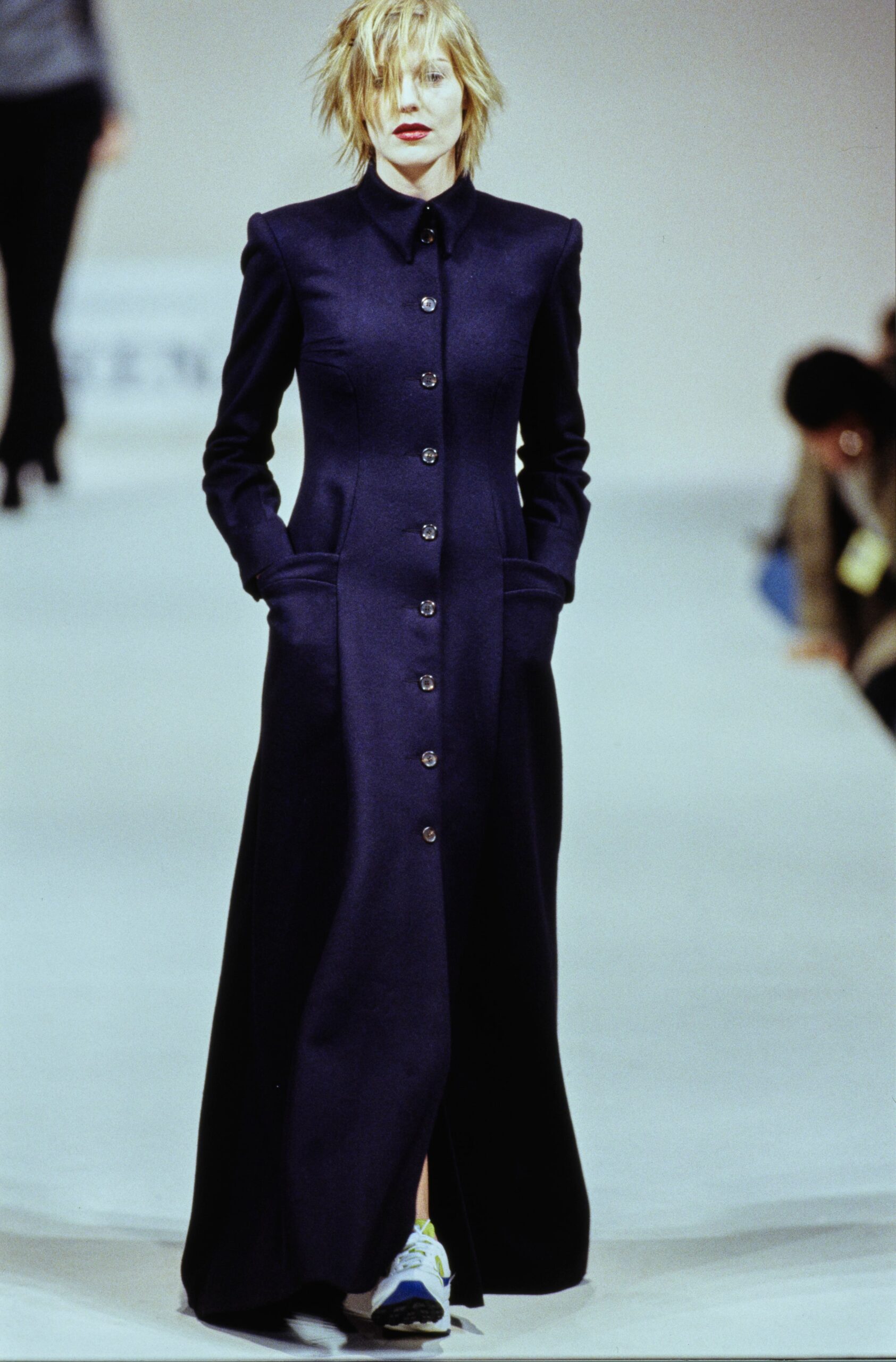 purple button-front coatdress