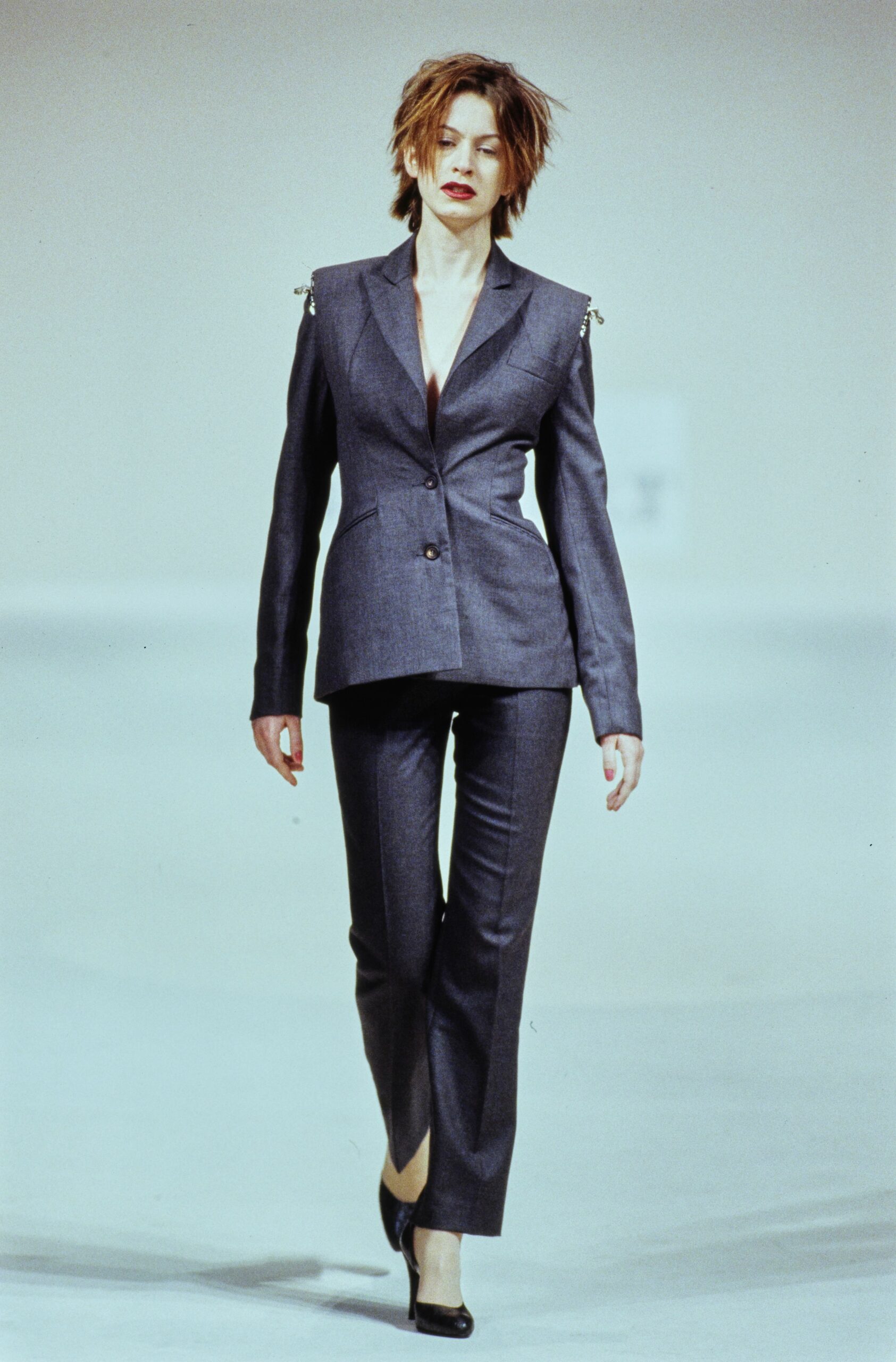 gray tailored blazer with cutaway shoulders