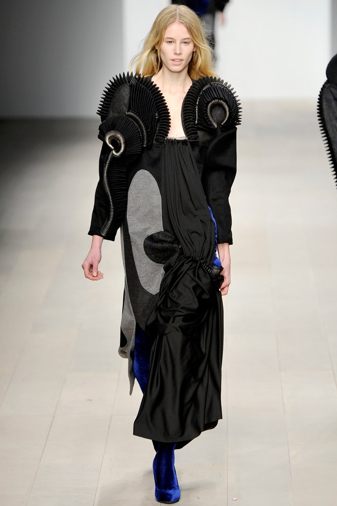 sculptural black draped evening dress