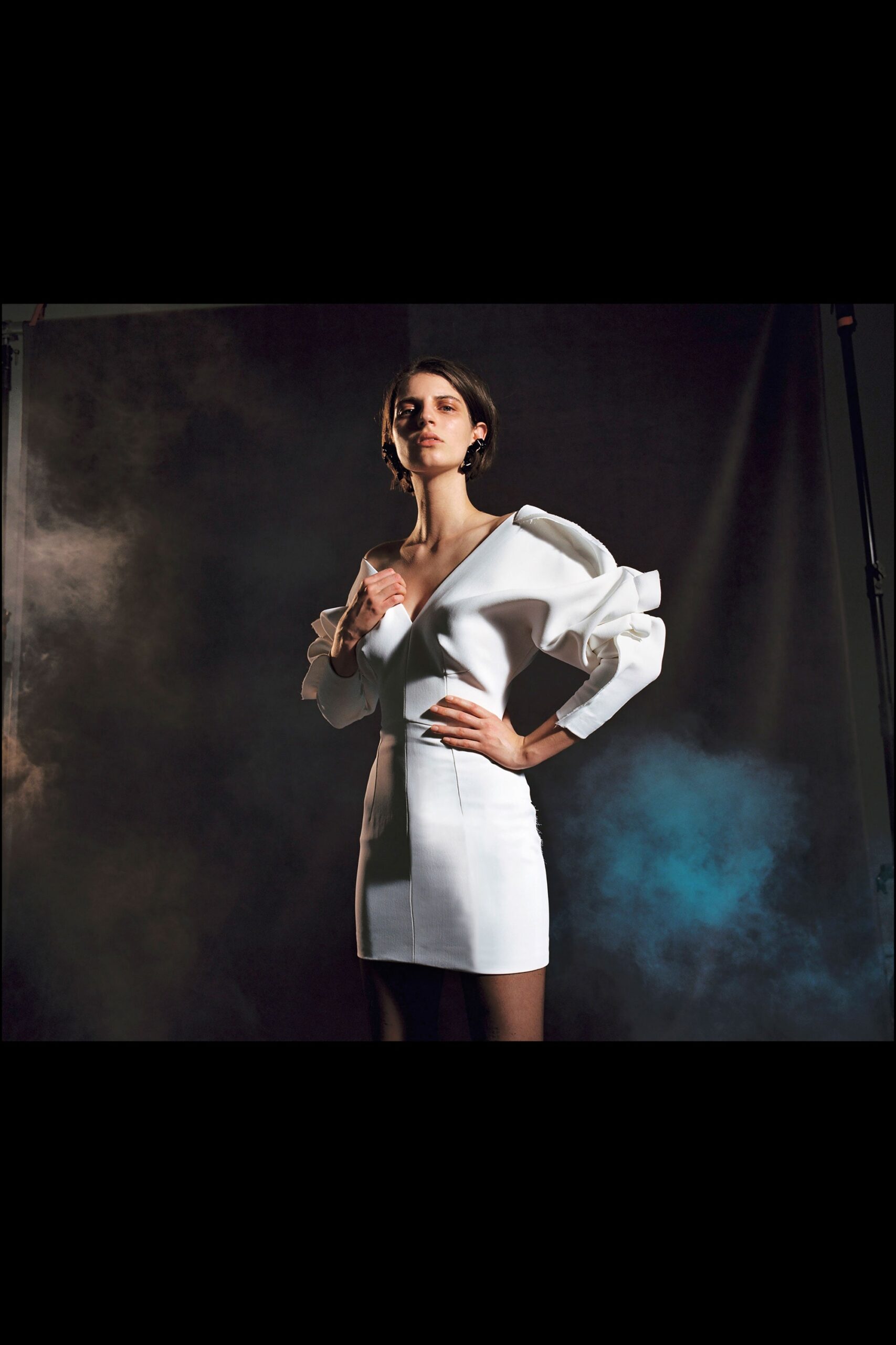white crepe long-sleeve low-cut fitted structured ruched mini-dress