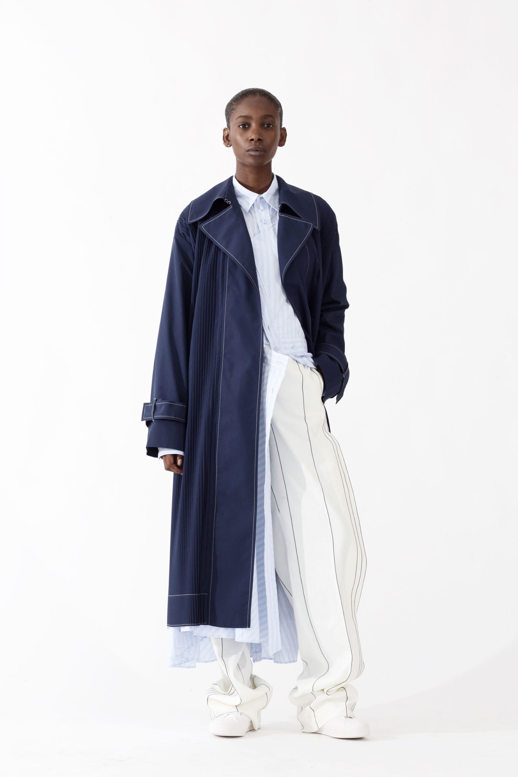 pleated navy trench coat