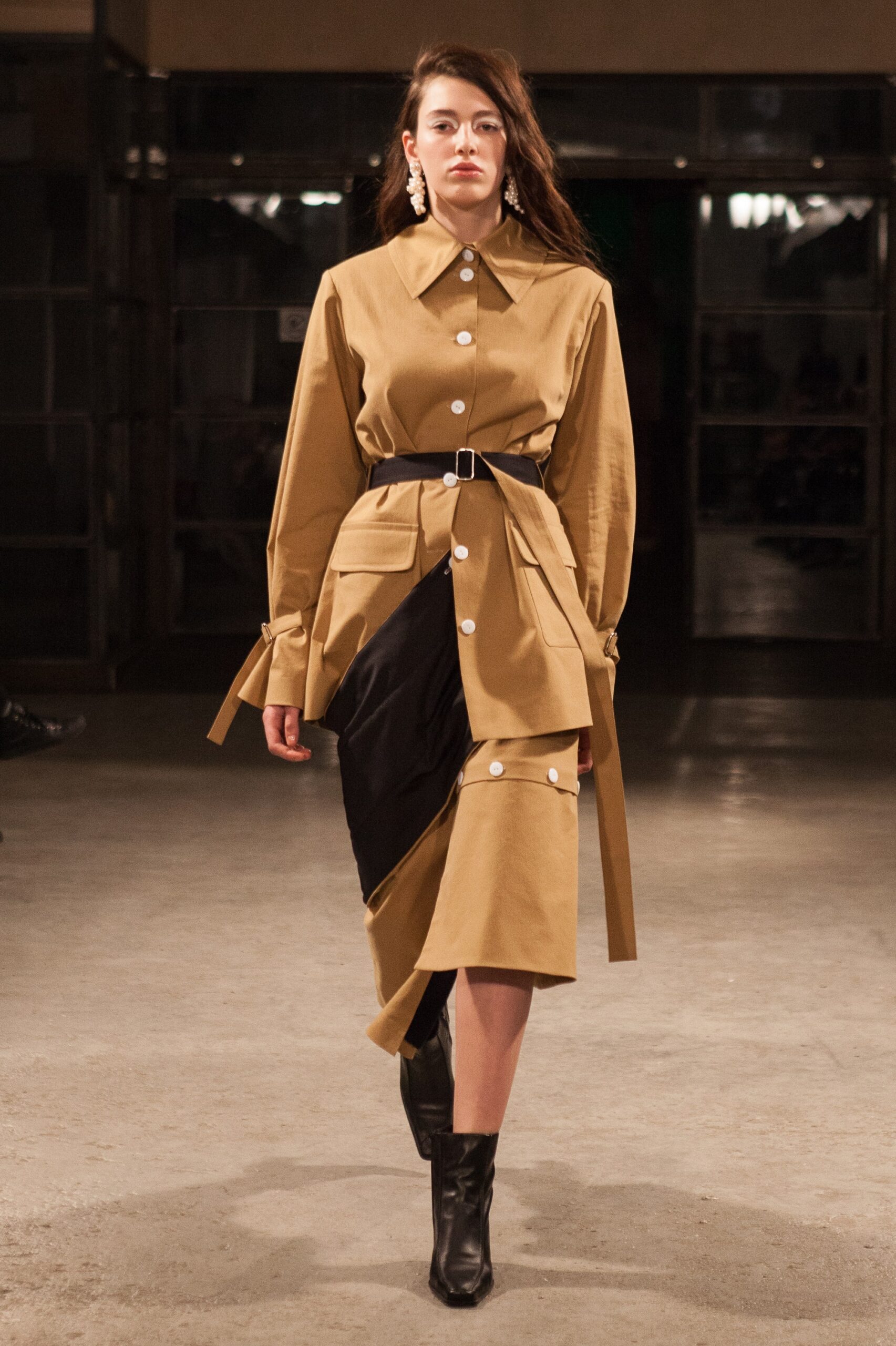 asymmetric belted shirt dress