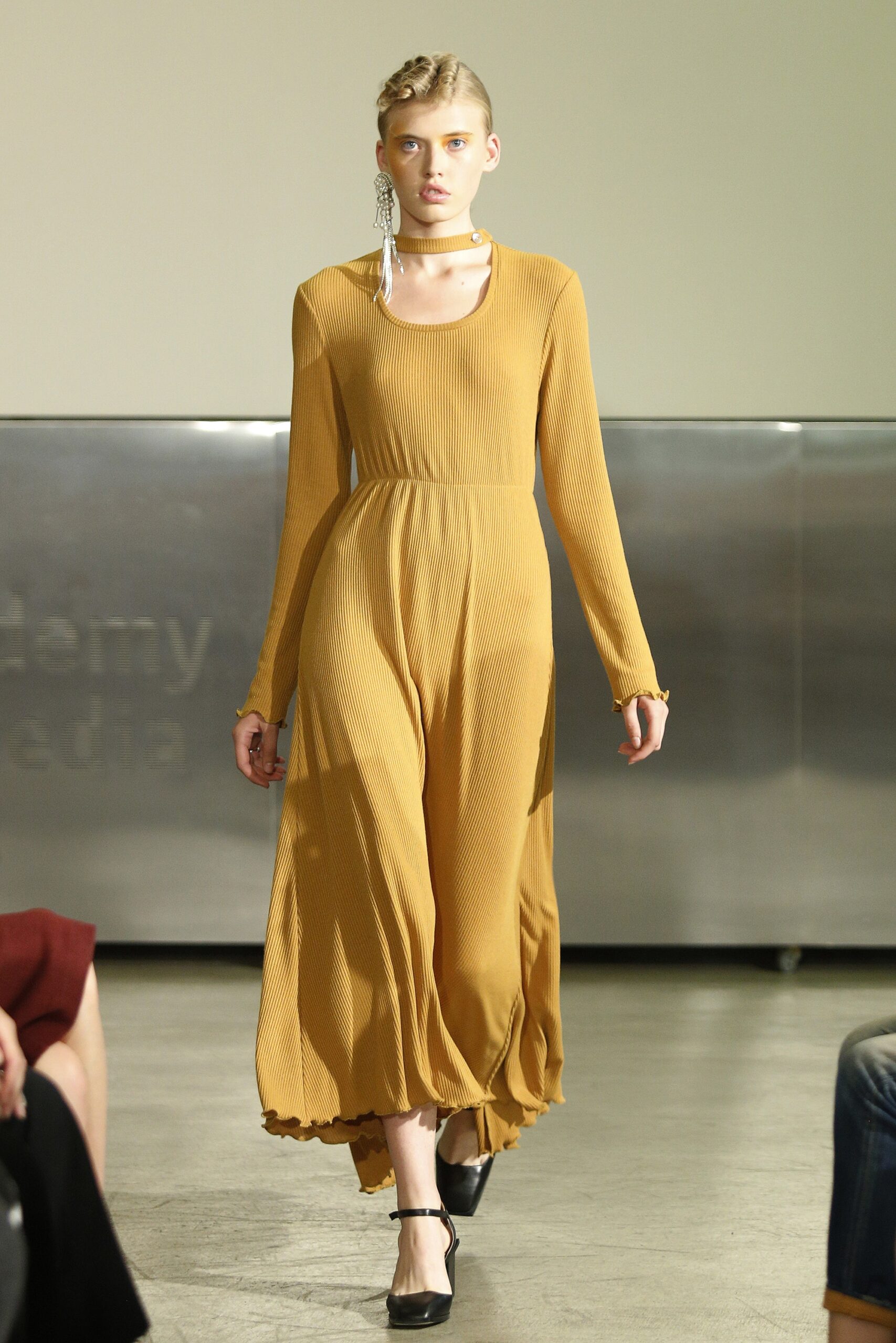 yellow knit long-sleeve scoop-neck ribbed draped maxi-dress