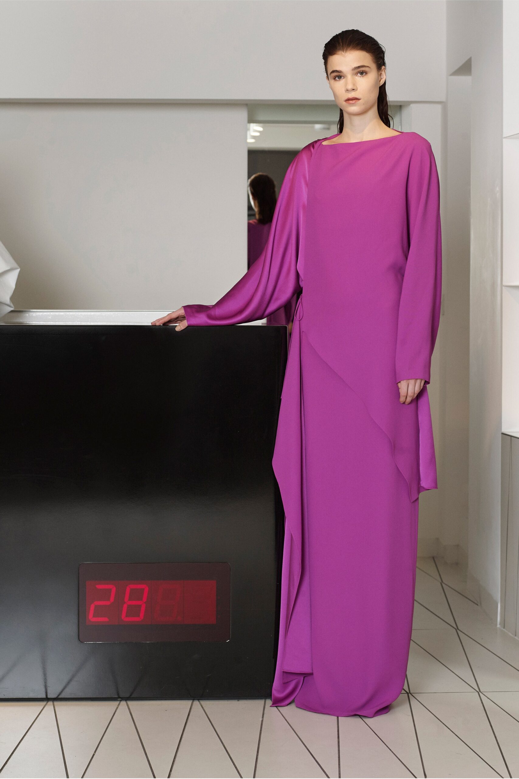 pink cape-sleeve evening gown