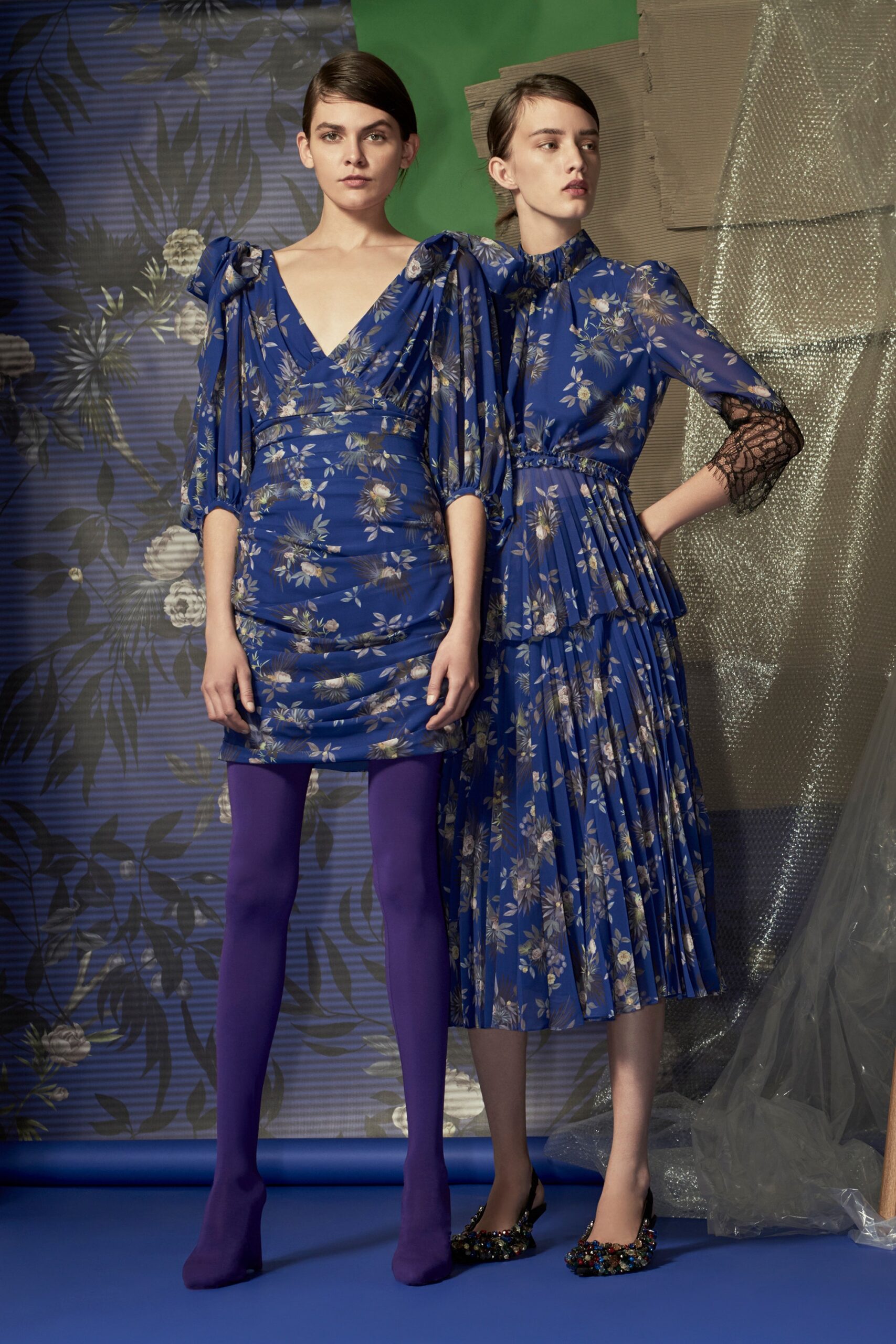 blue floral chiffon midi dress