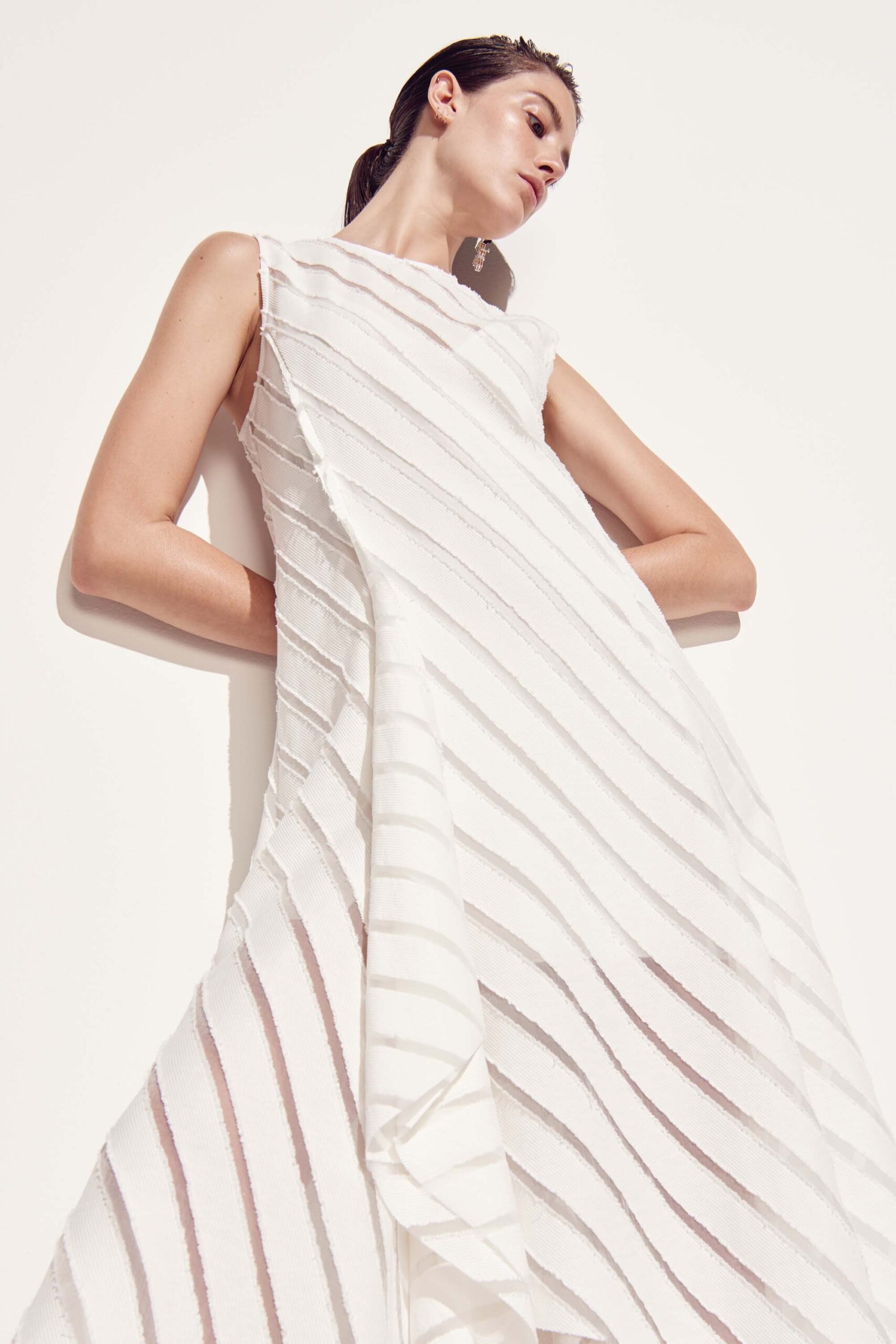 sheer striped asymmetric white dress