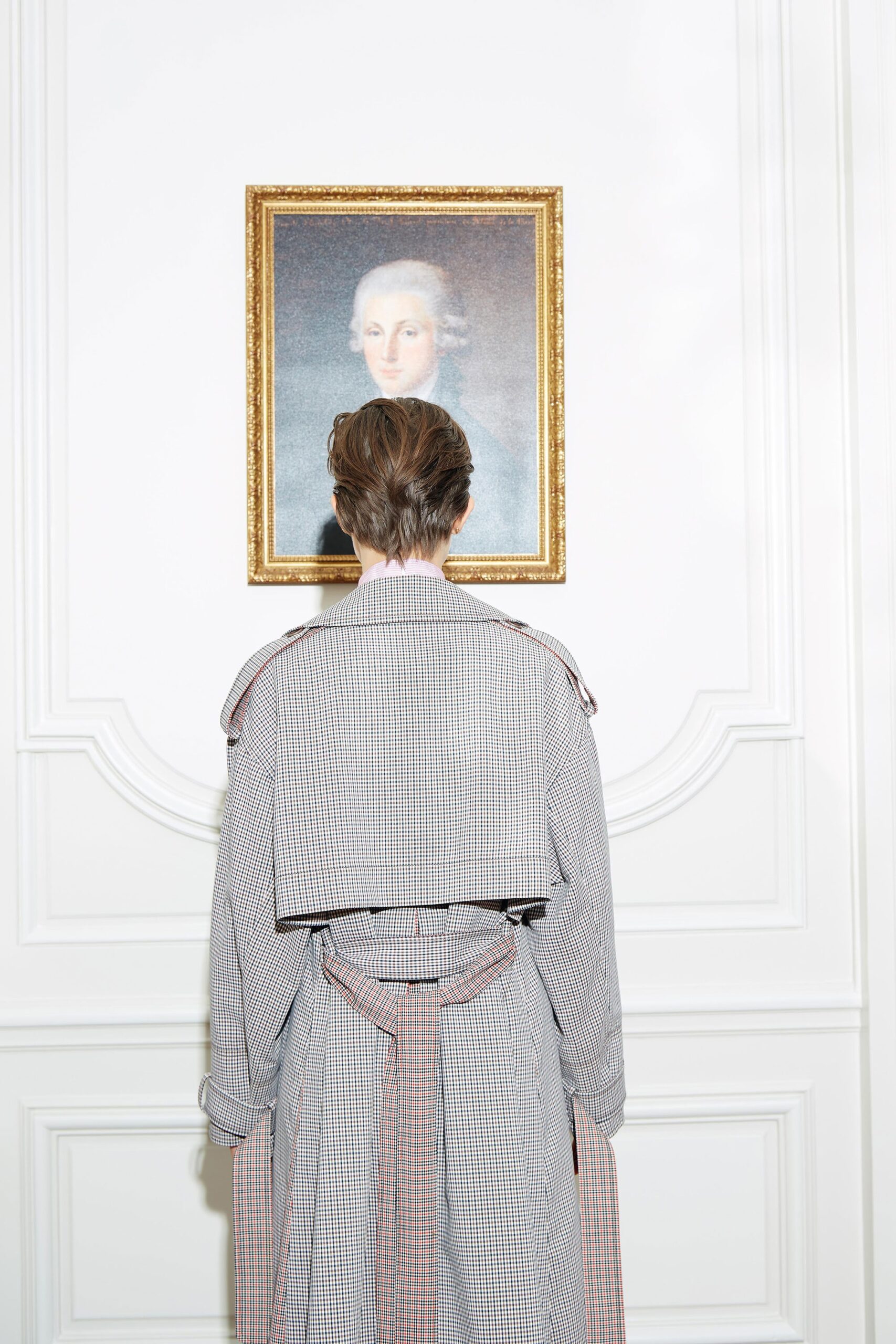checked cape-back trench coat