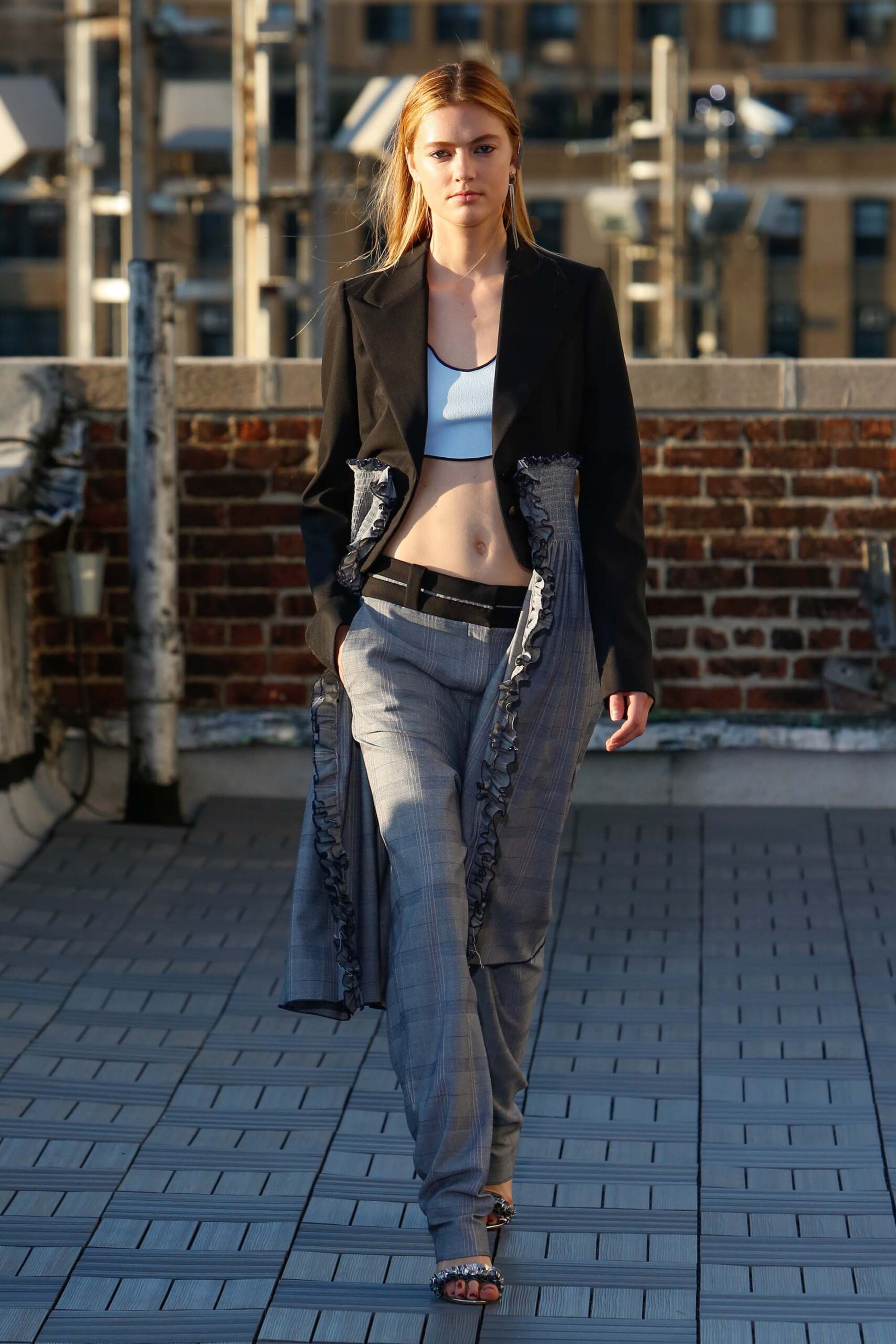 cropped black blazer with deconstructed trousers