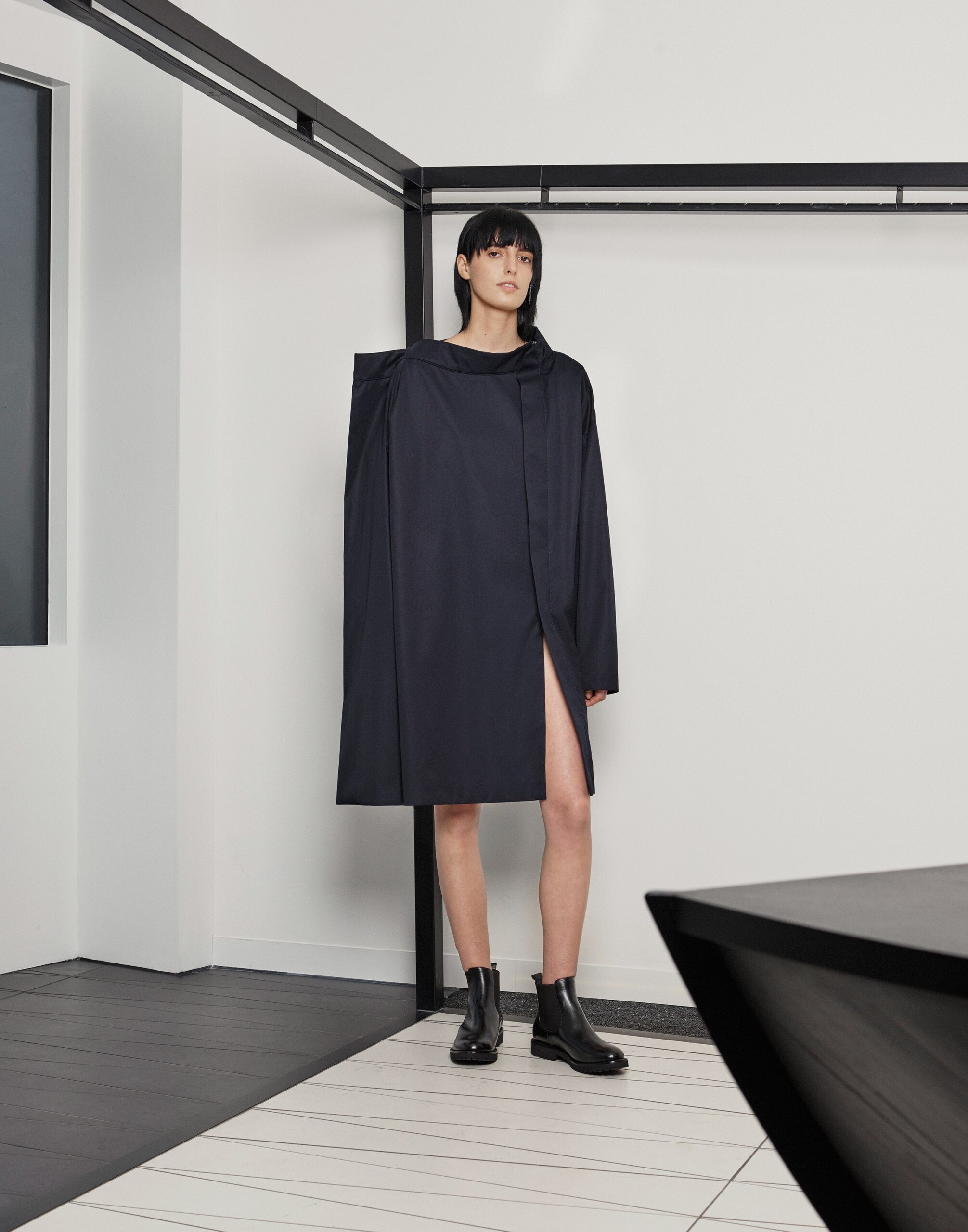 asymmetric cape-effect black mini dress