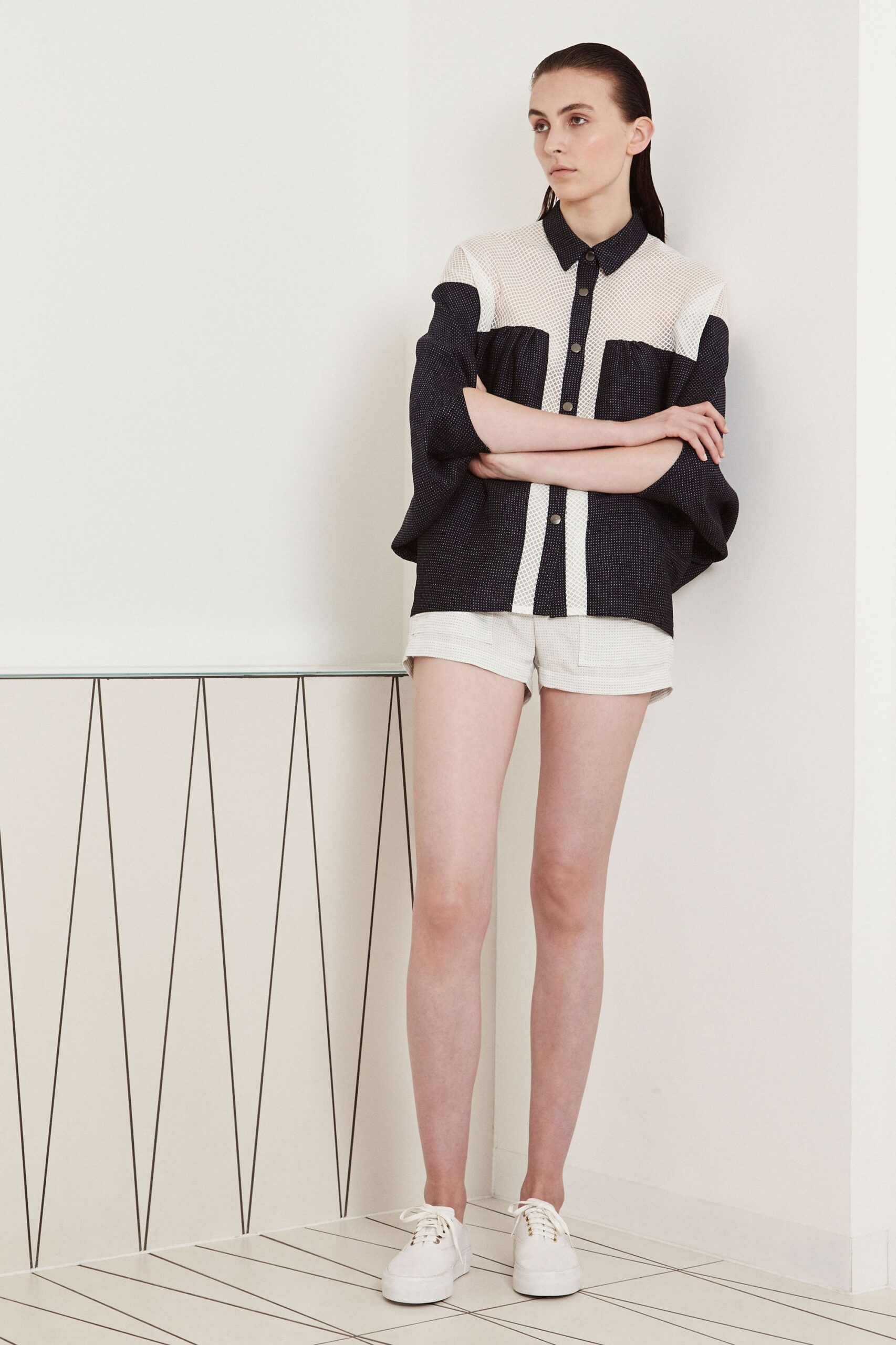 color-block mesh cape-sleeve shirt