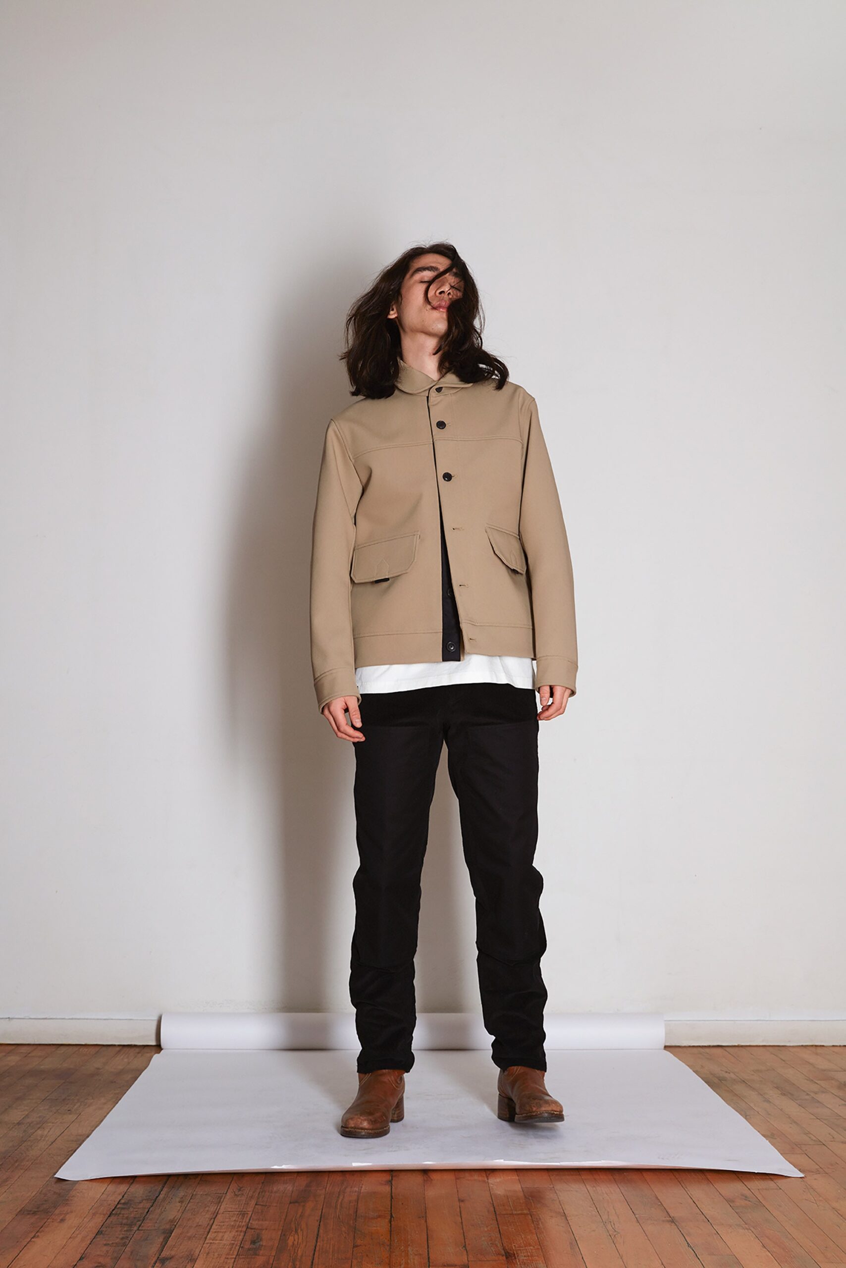beige workwear button-front jacket