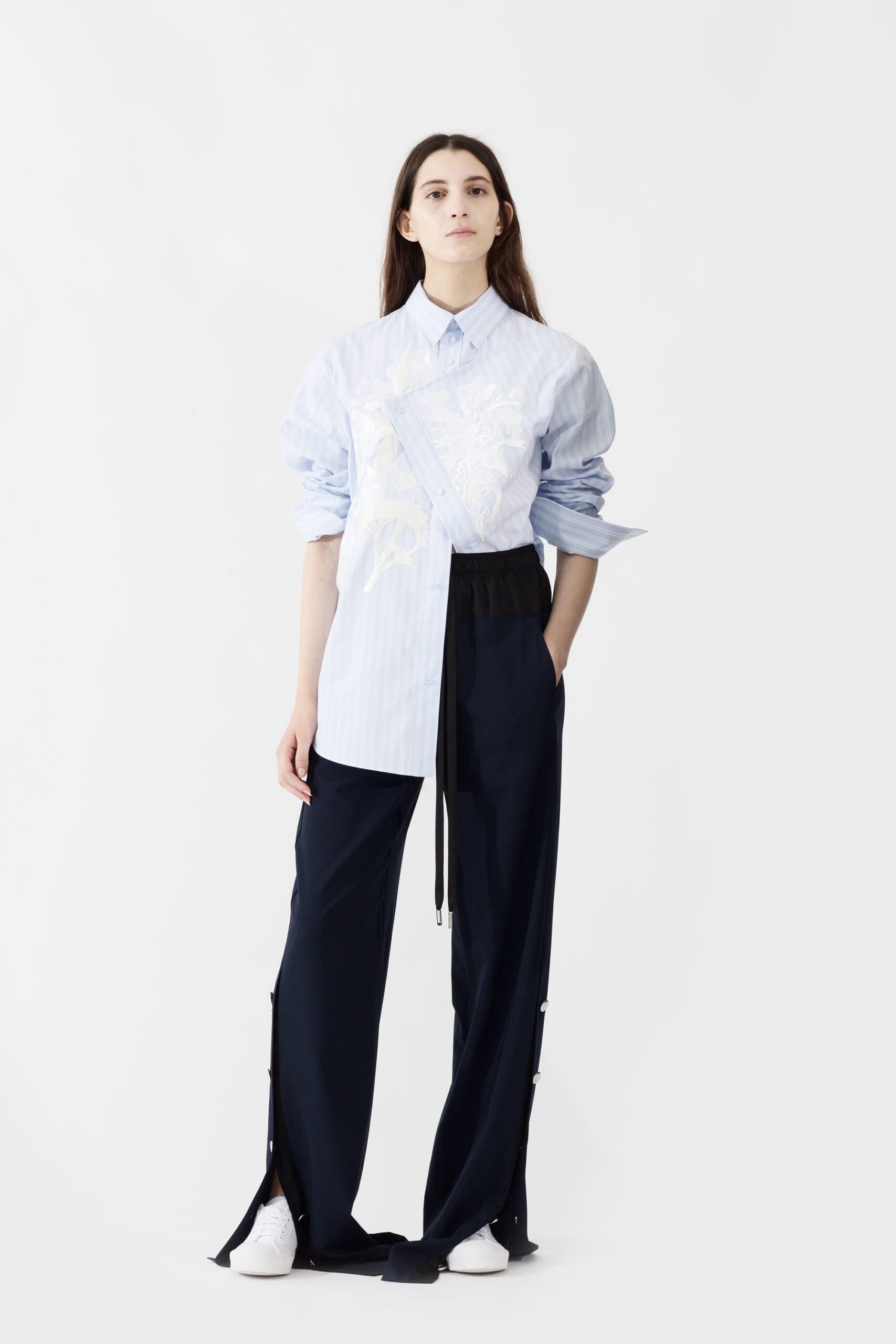 asymmetric striped shirt with floral appliqué