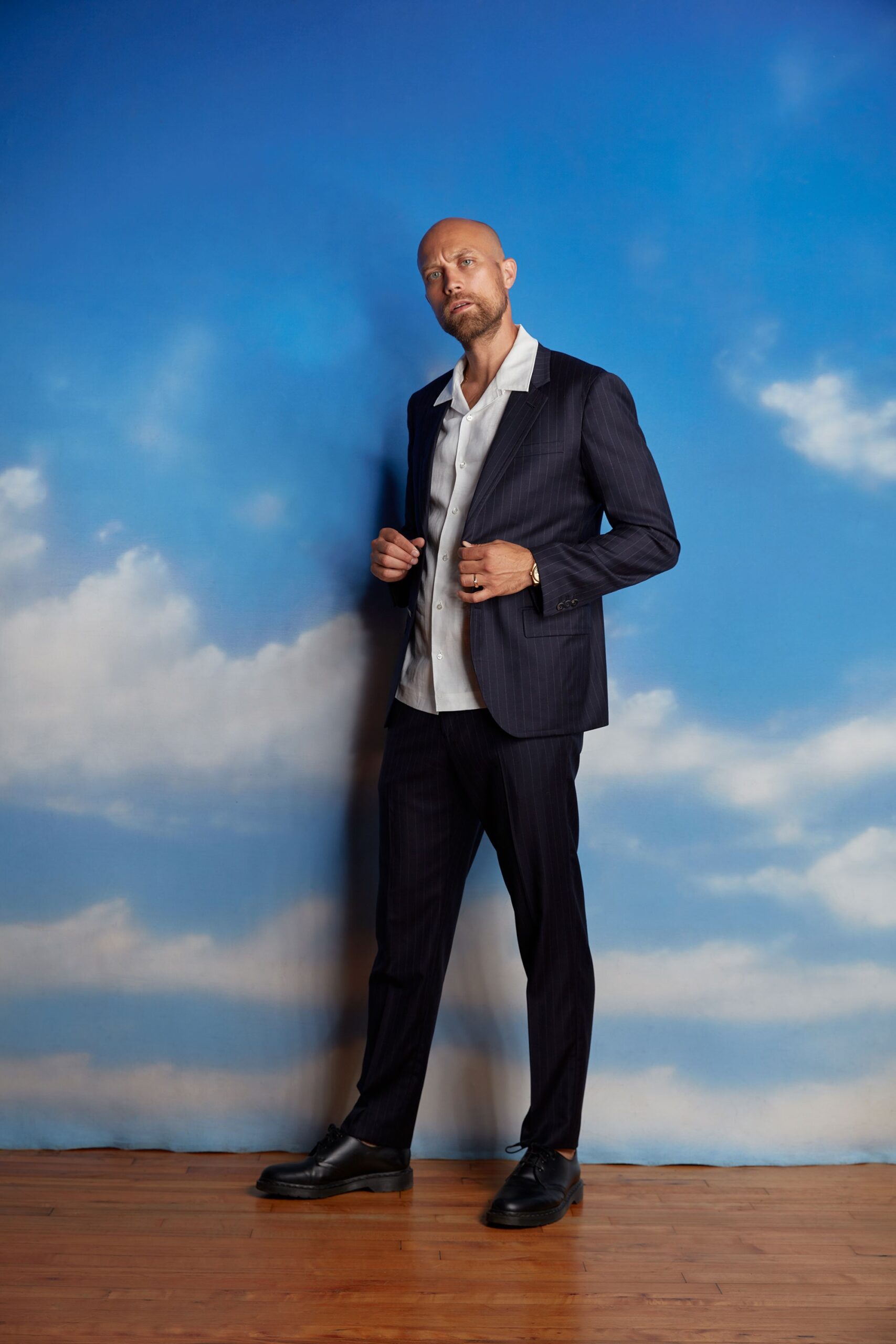 blue wool pinstriped straight-leg pants