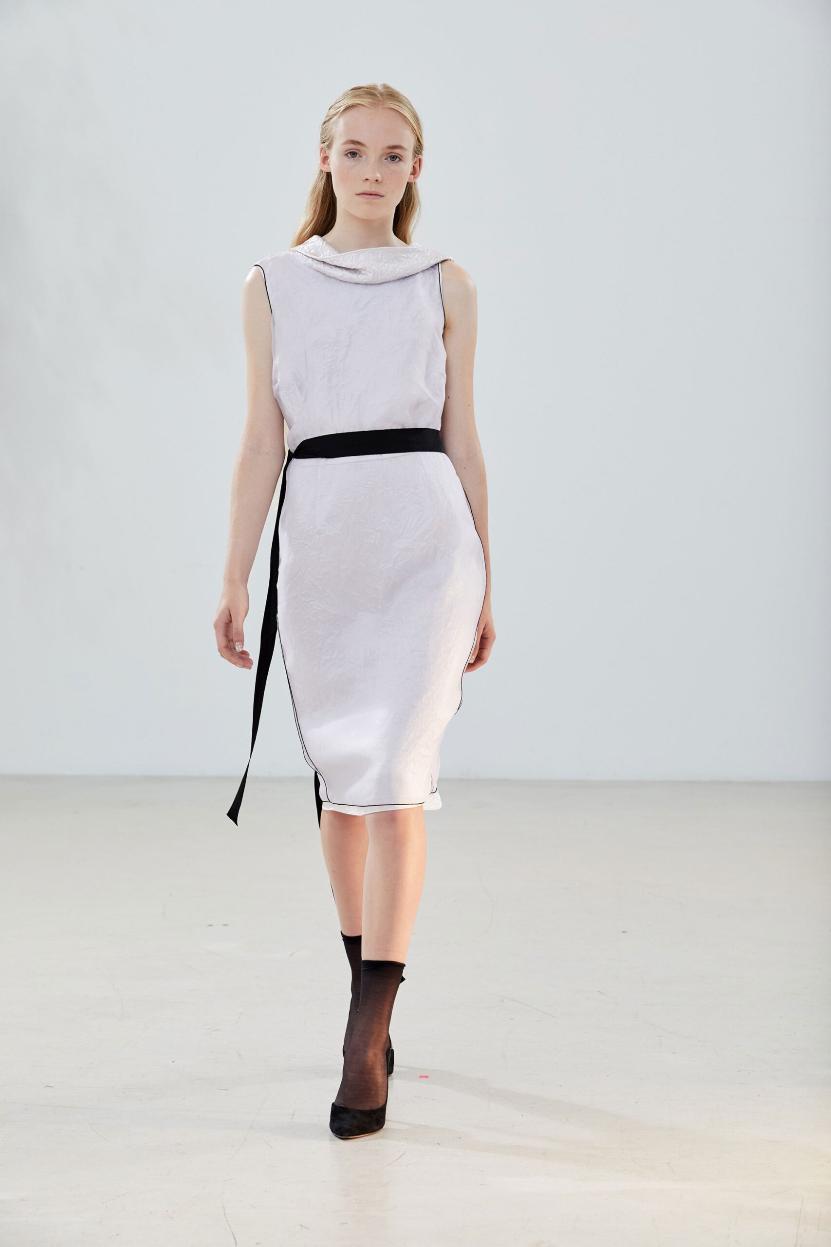 white cowl-neck belted midi dress