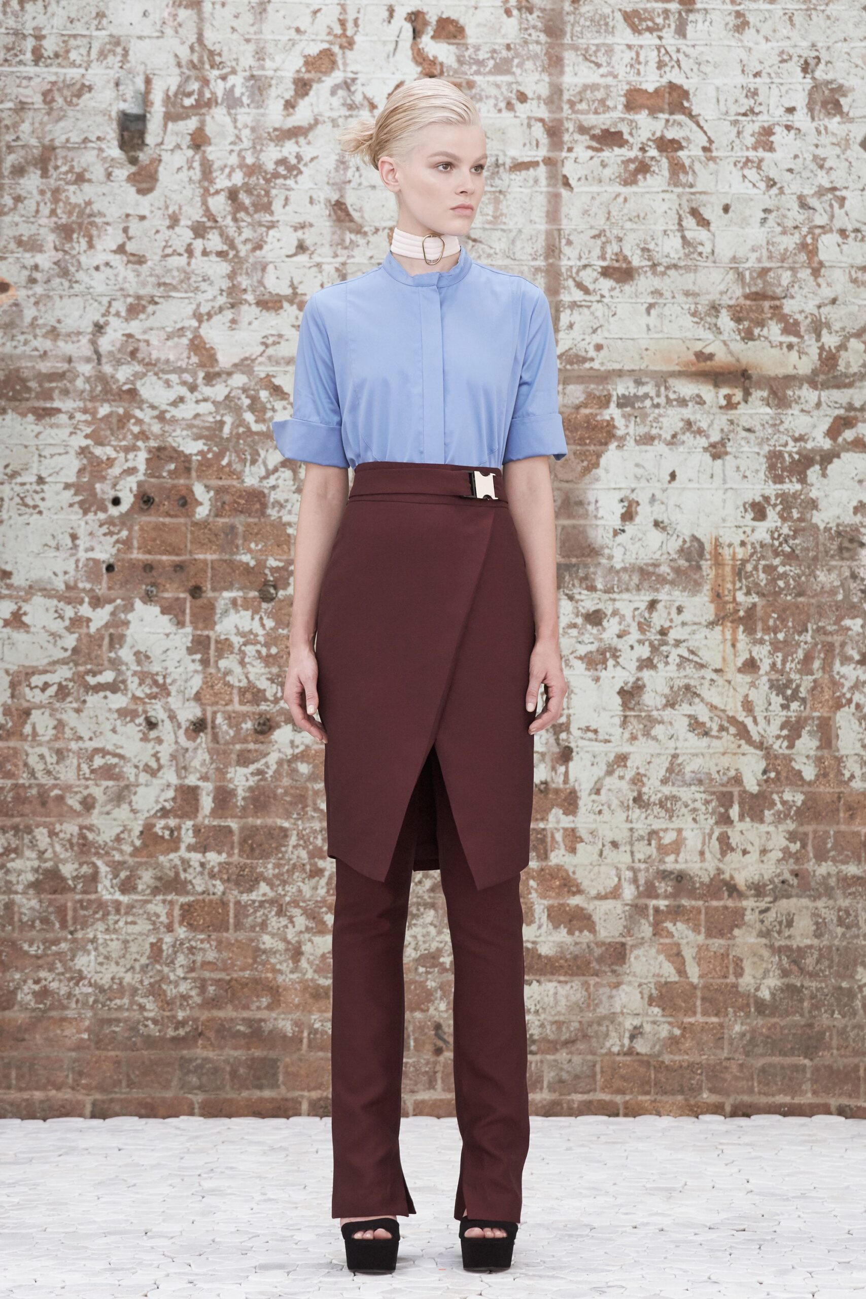 wrap-front apron skirt over trousers