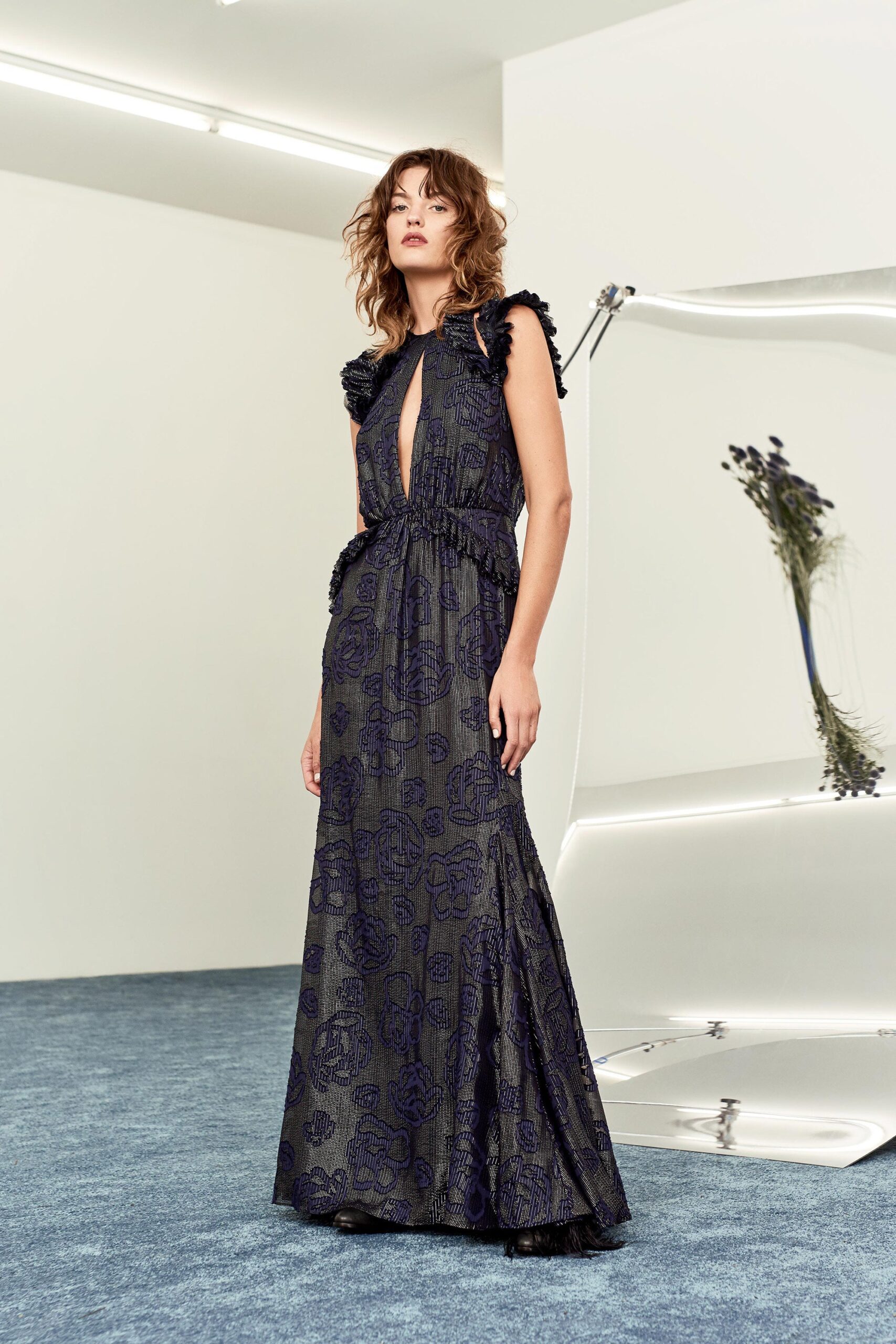 plunging floral mesh evening gown