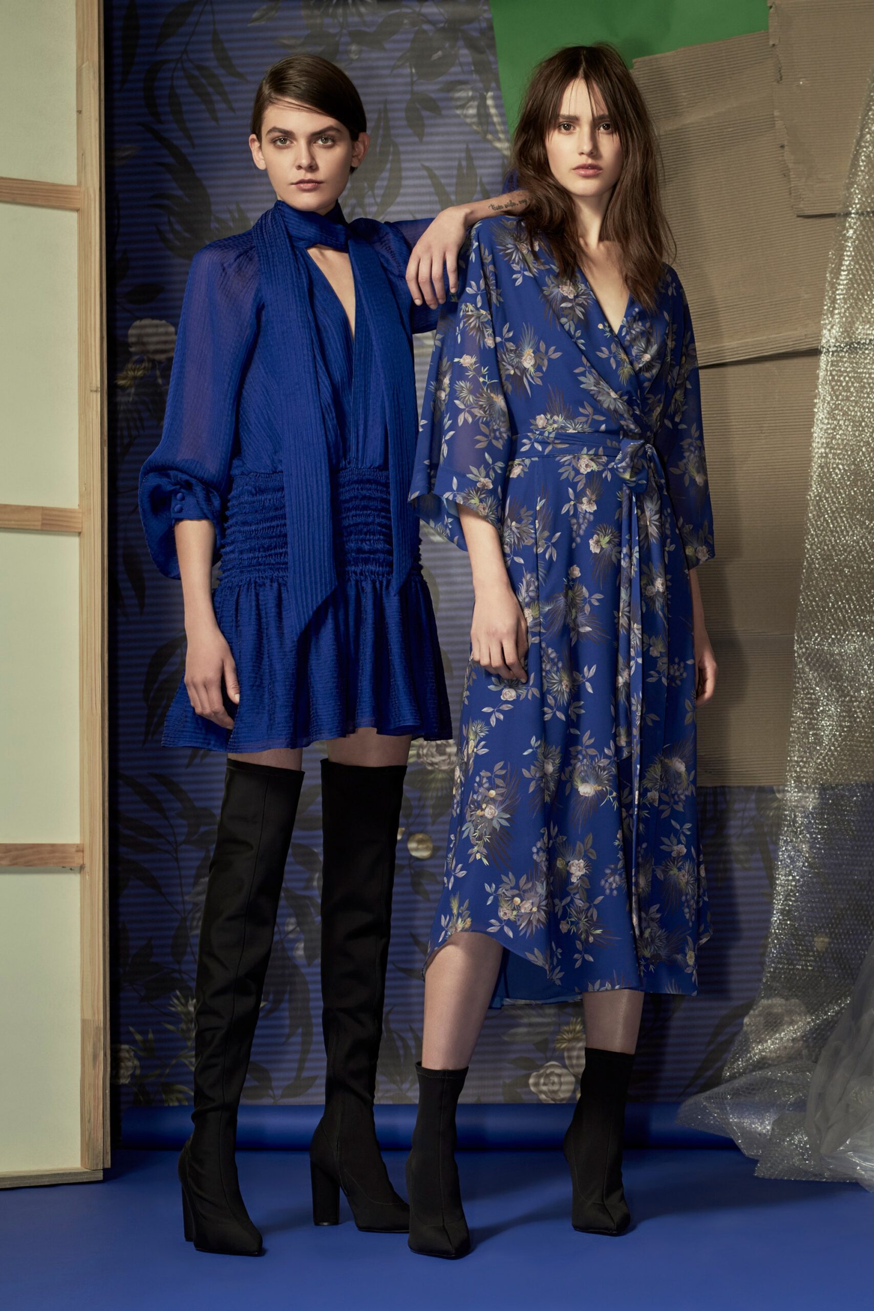 blue floral wrap midi dress