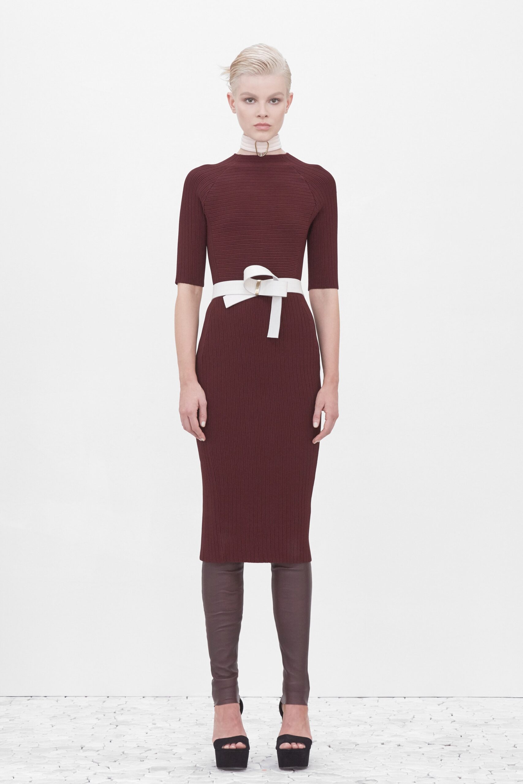 ribbed knit belted midi dress