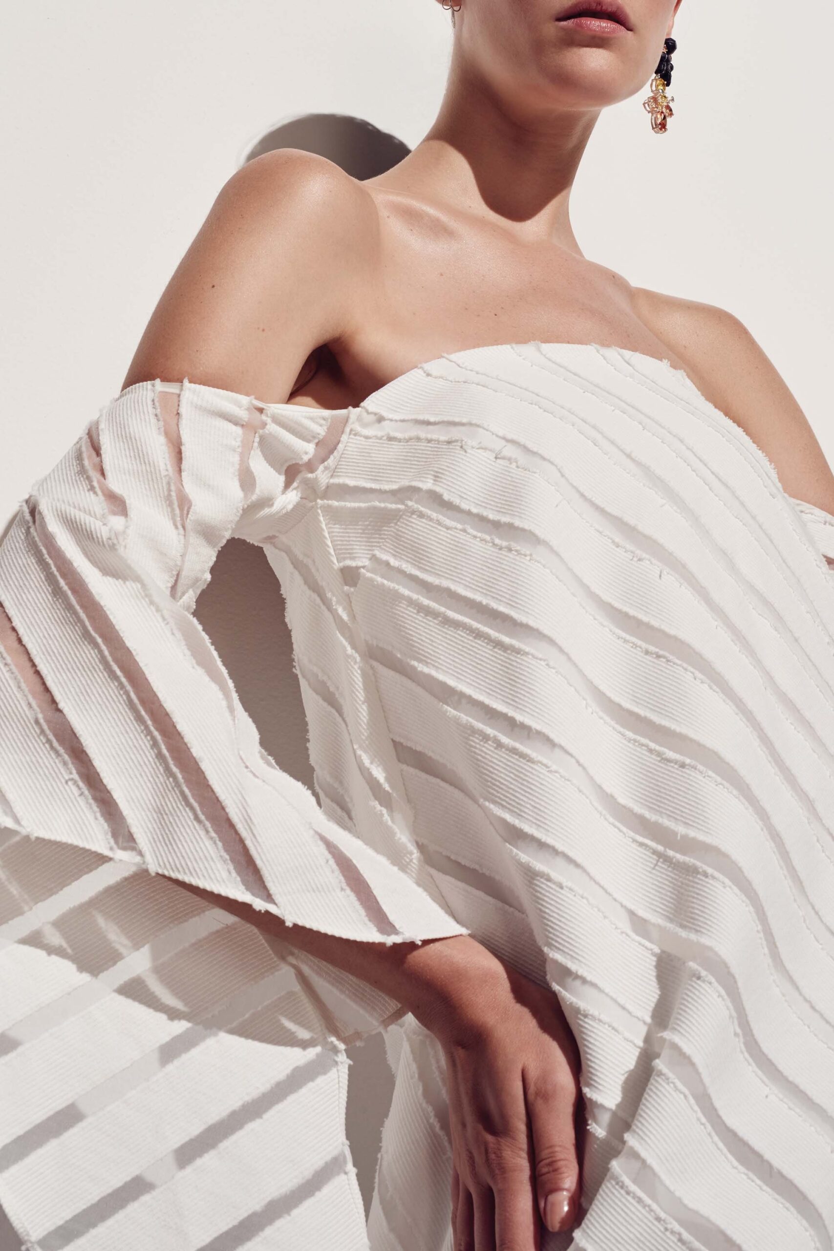 white illusion sleeve off-shoulder gown