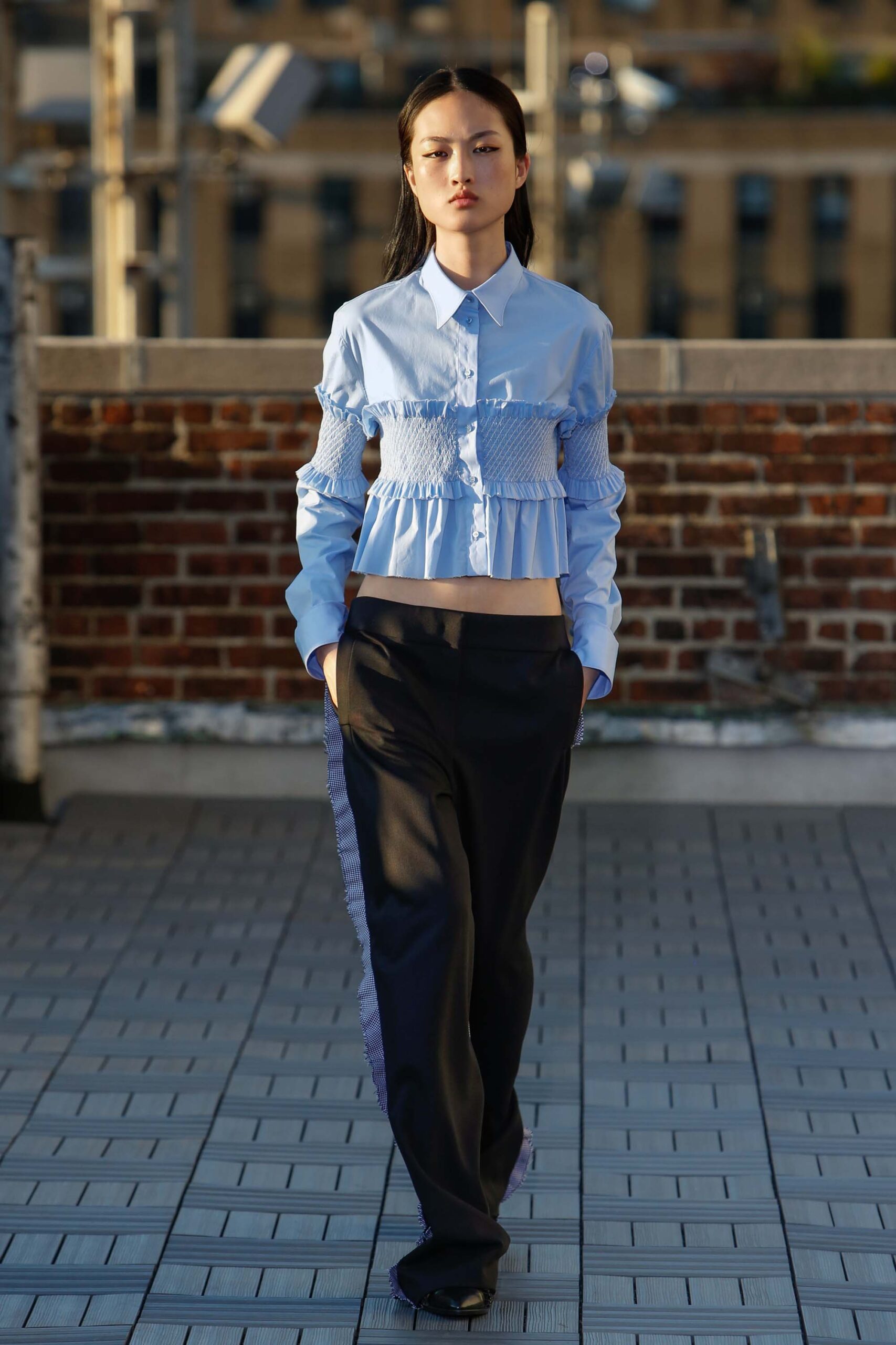 smocked cropped blue button-down shirt