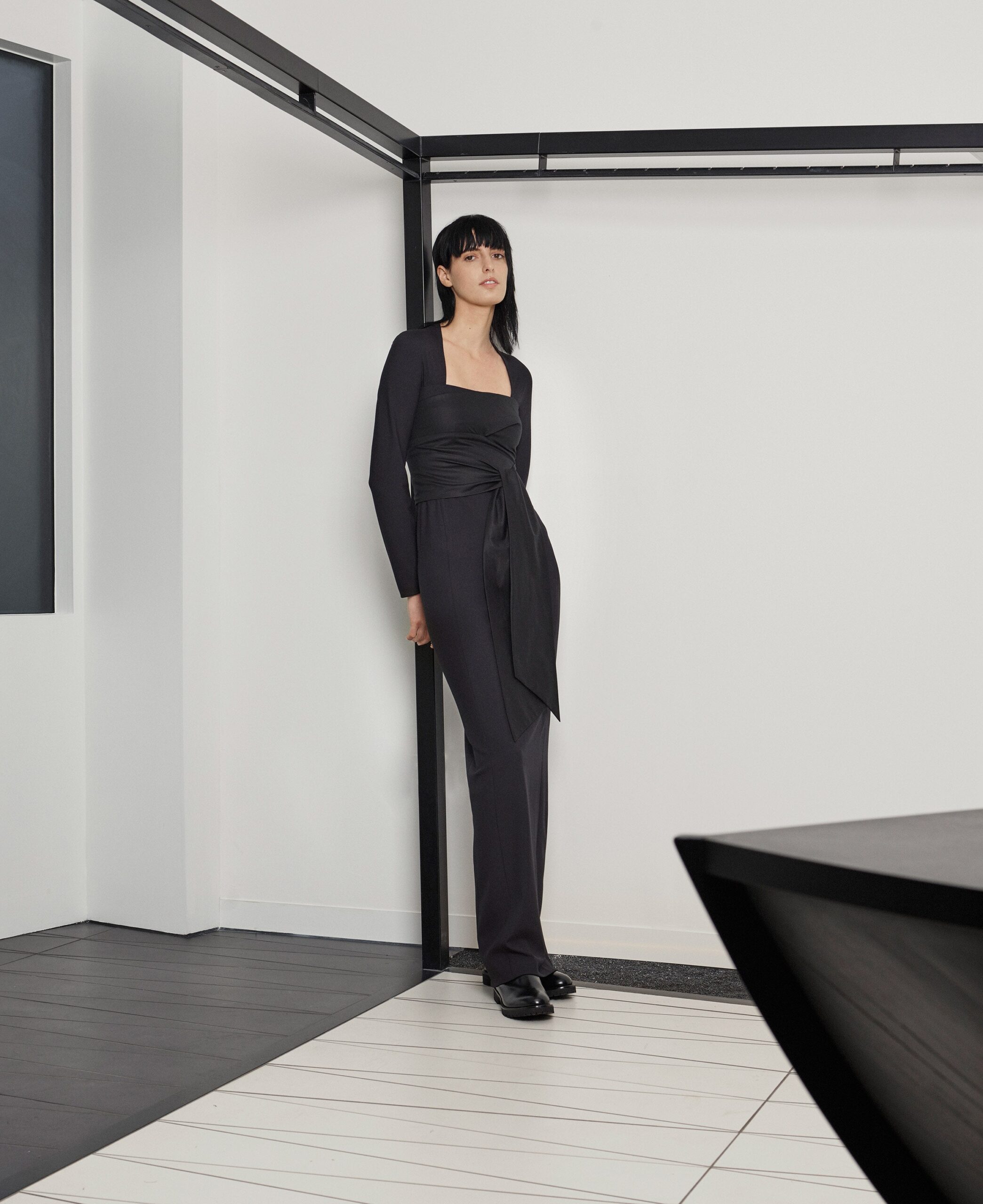 draped square-neck black jumpsuit