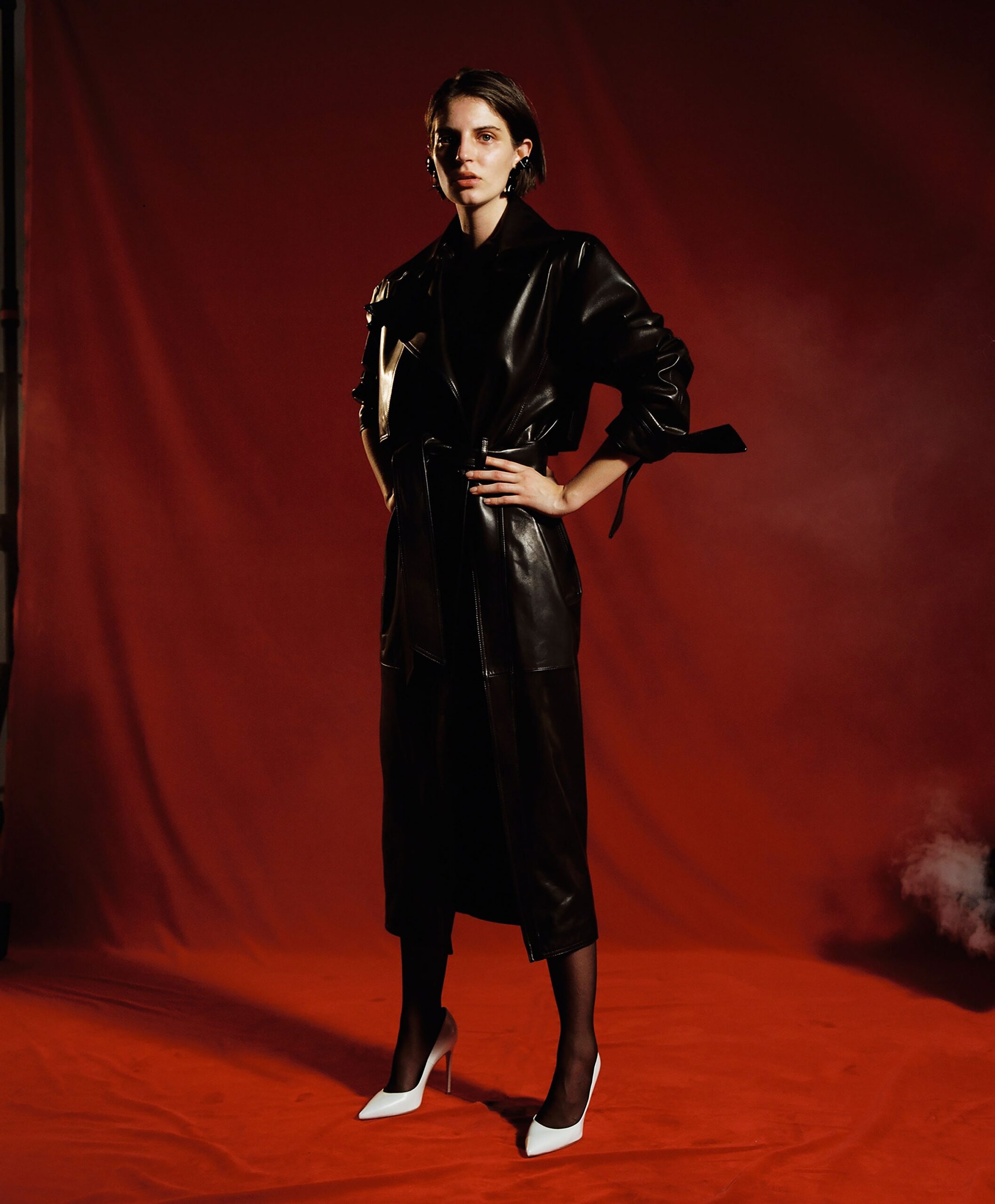 black leather trench coat