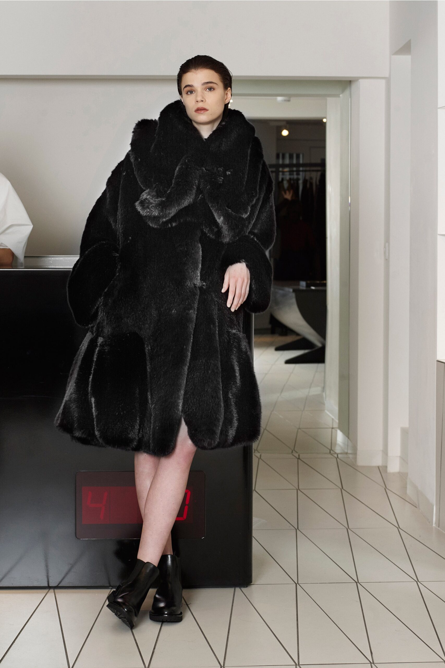 oversized black fur coat