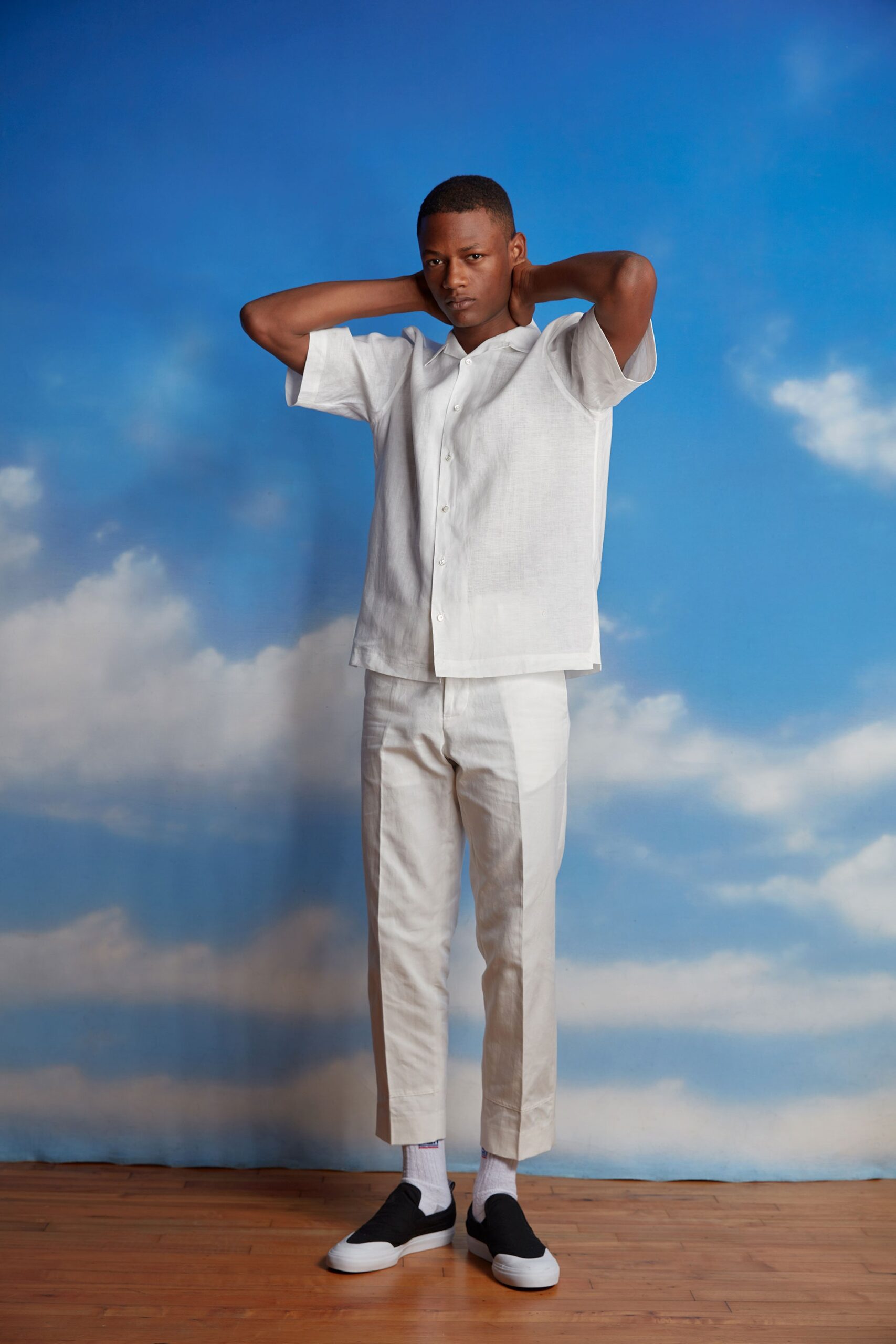 white camp-collar linen shirt