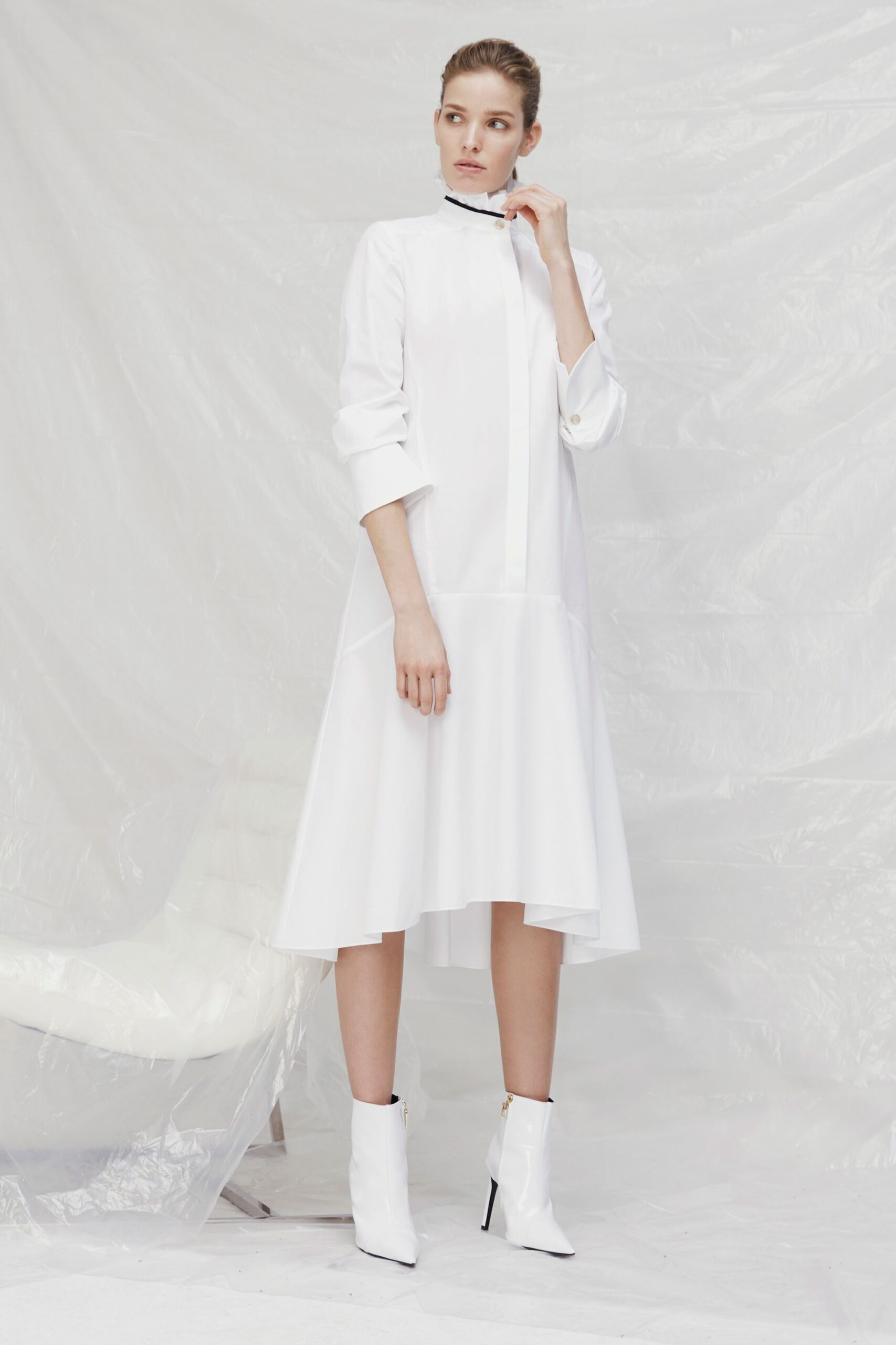 white drop-waist midi dress