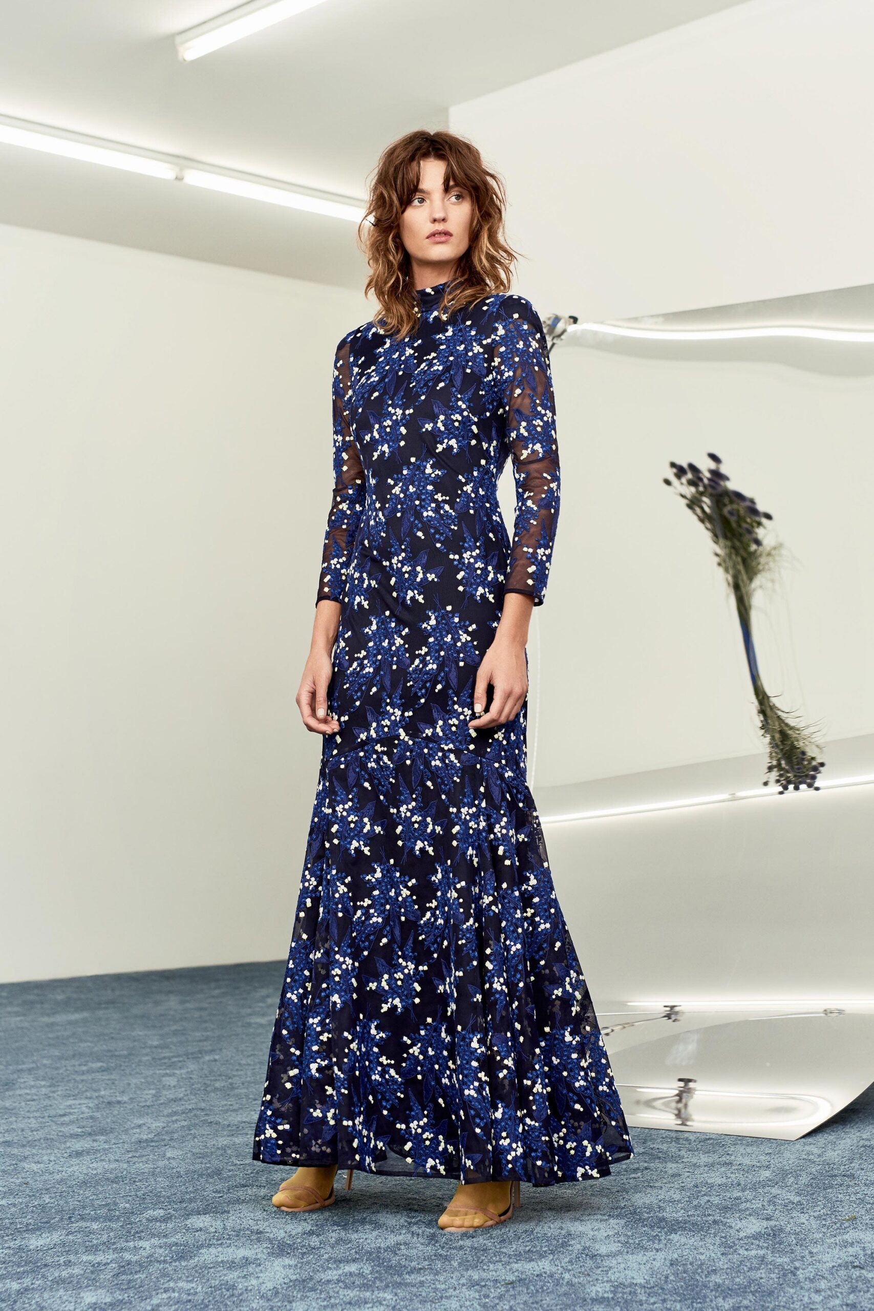 blue floral embroidered sheer sleeve gown