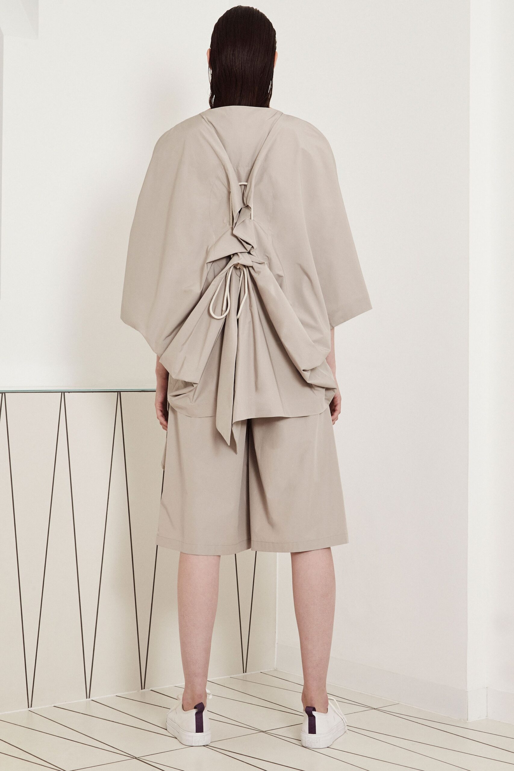 draped drawstring back top