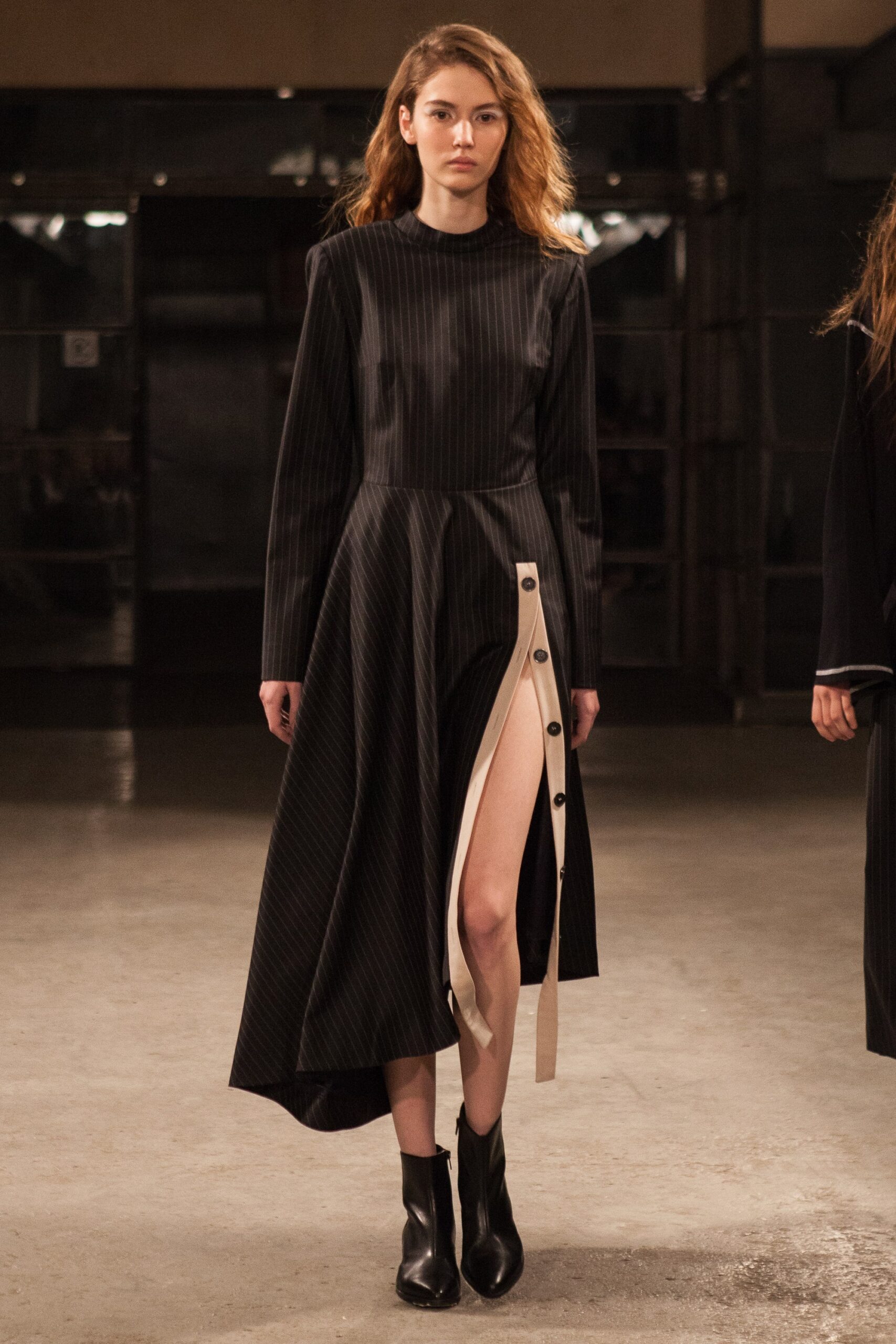asymmetric pinstripe button-front maxi dress