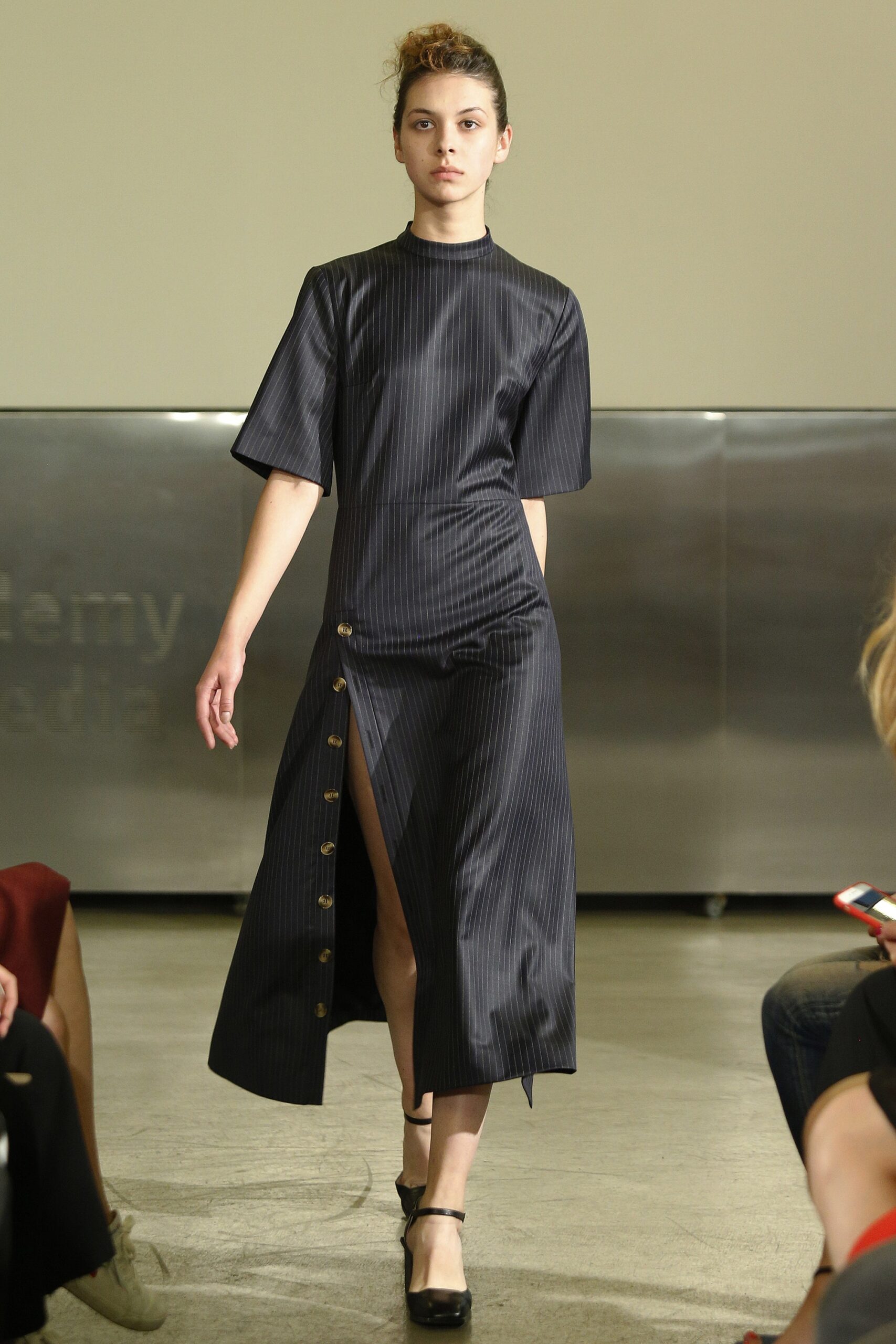 asymmetric pinstripe button-front midi dress