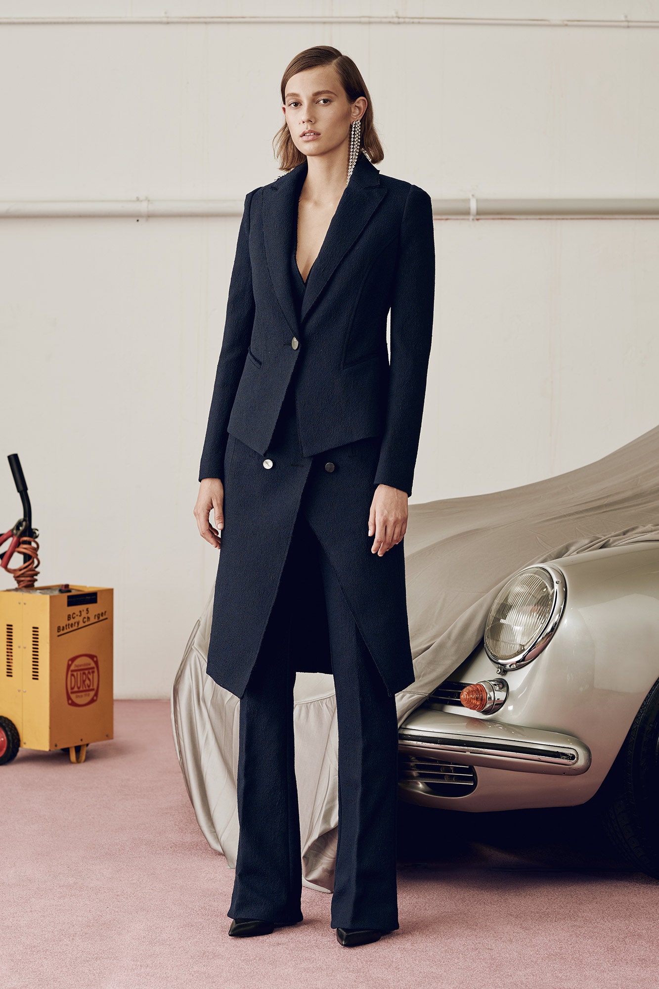 black tailored blazer with midi skirt