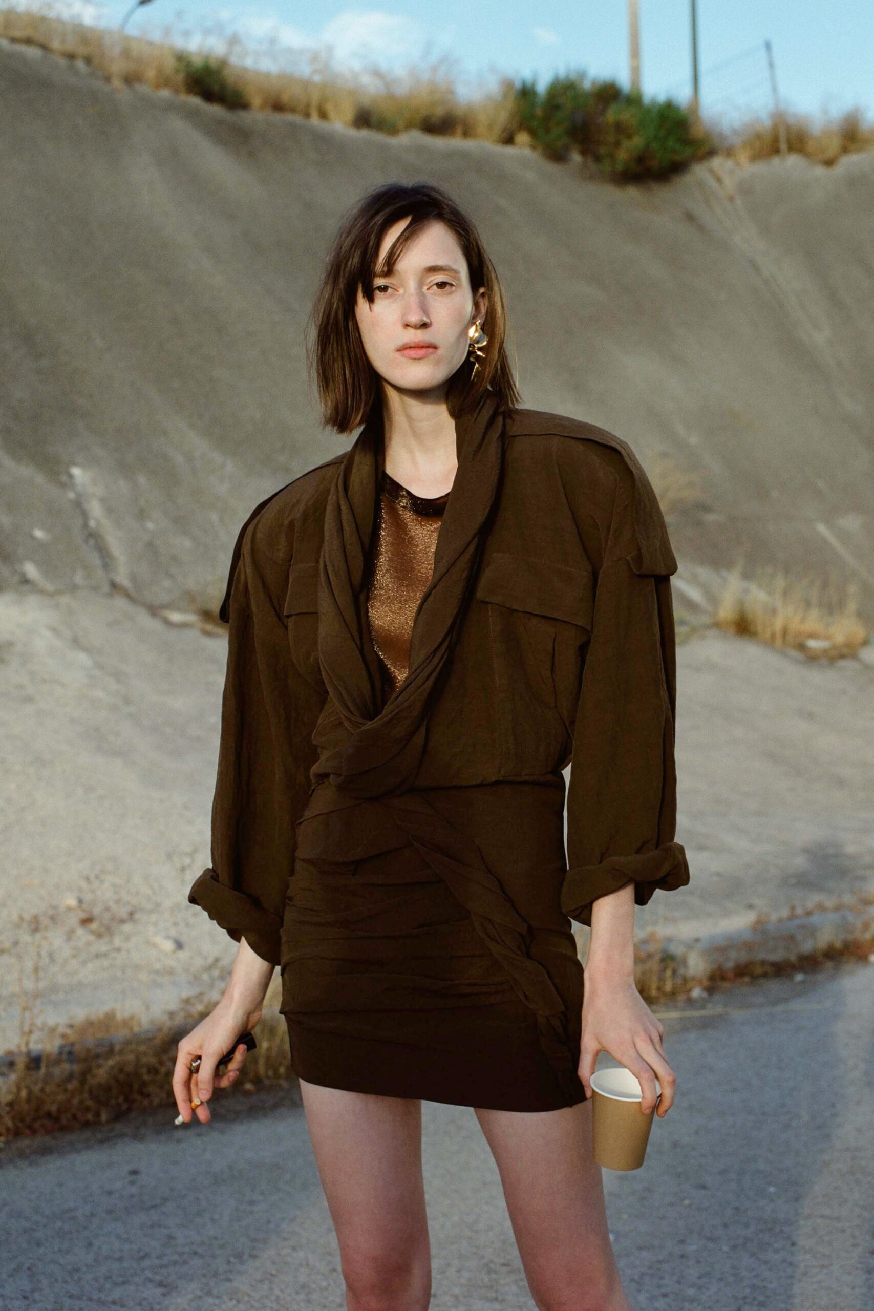 draped ruched brown mini dress