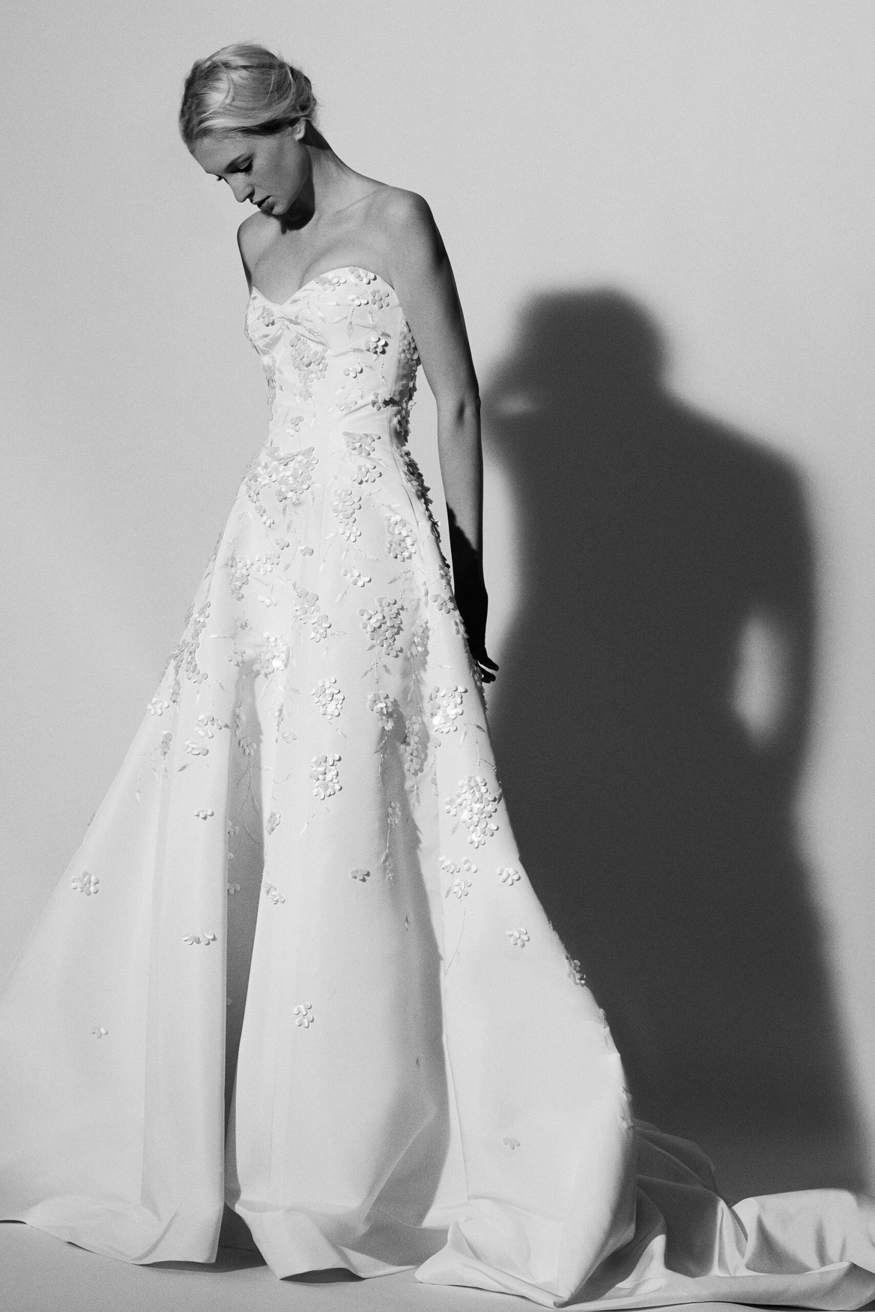 strapless floral appliqué bridal gown