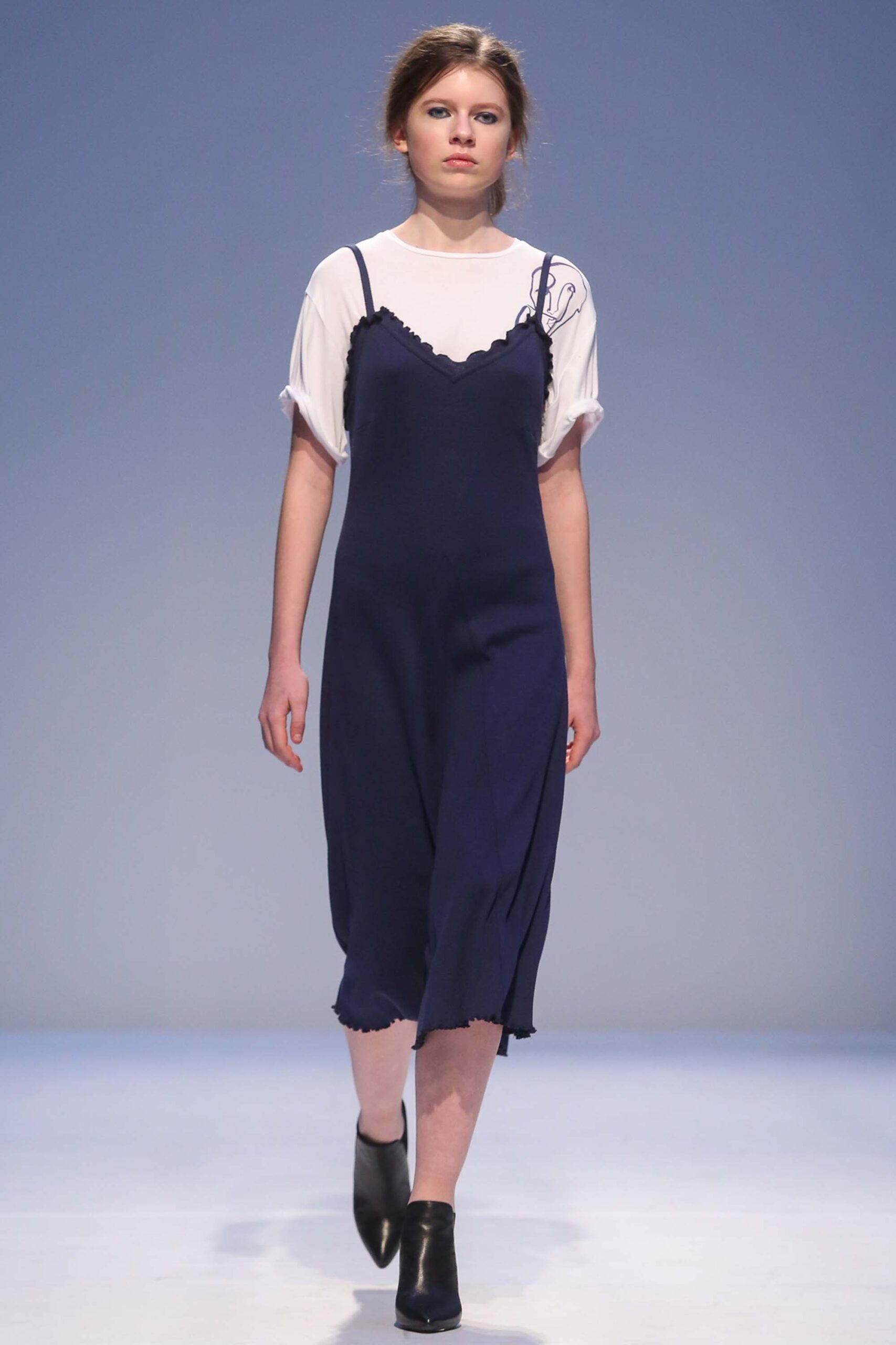 navy slip dress over printed tee
