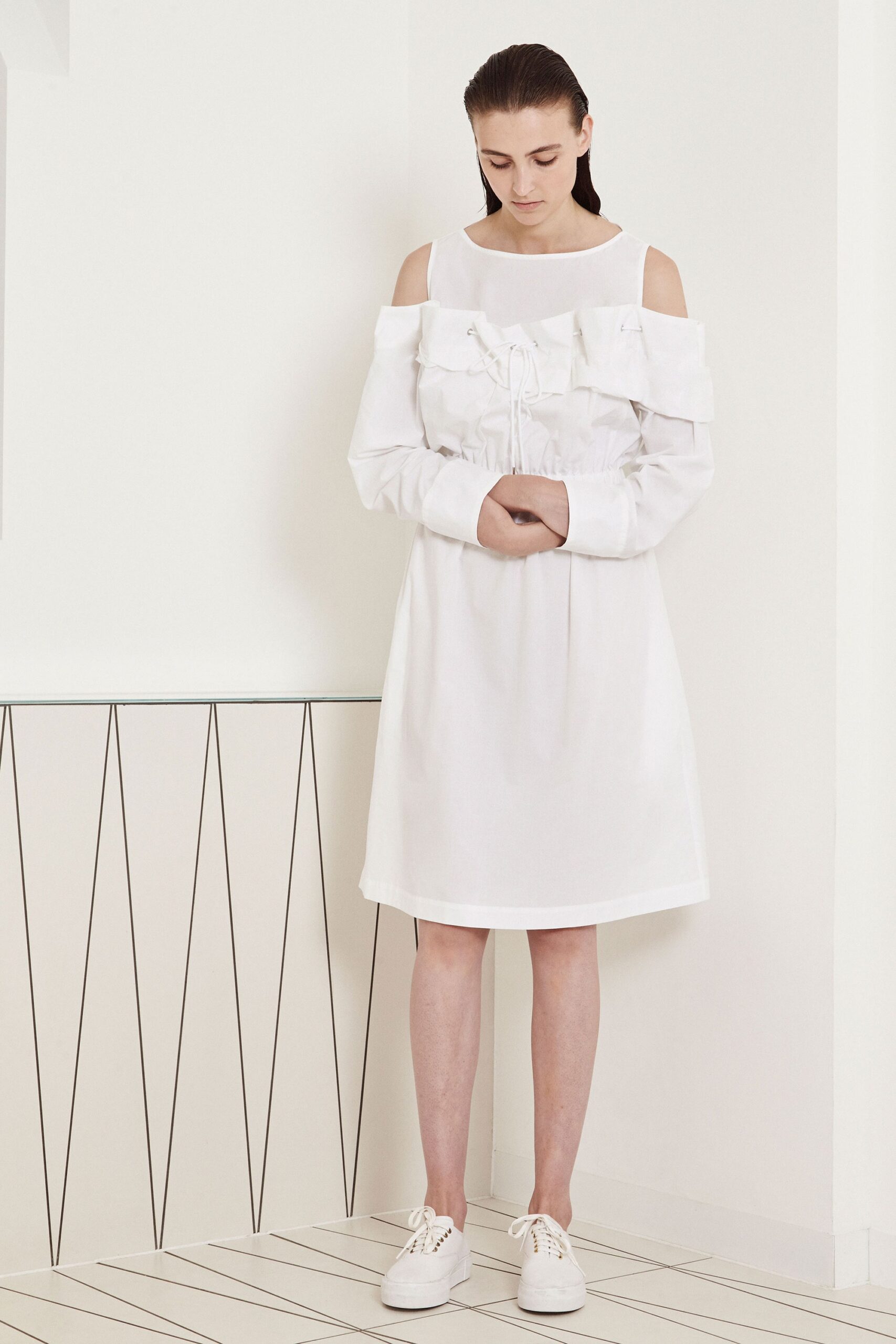 white unknown long-sleeve off-shoulder ruffled mini mini-dress