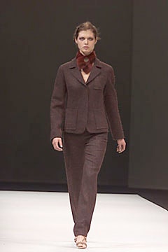 brown tailored pantsuit with neck scarf
