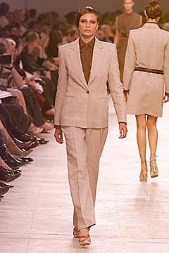 pinstriped beige tailored pantsuit