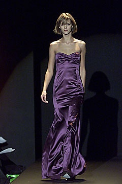 purple satin strapless gown