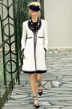 white black-trim collarless coat