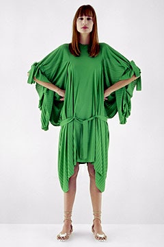 green jersey high-neck asymmetric draped belted flowing dress